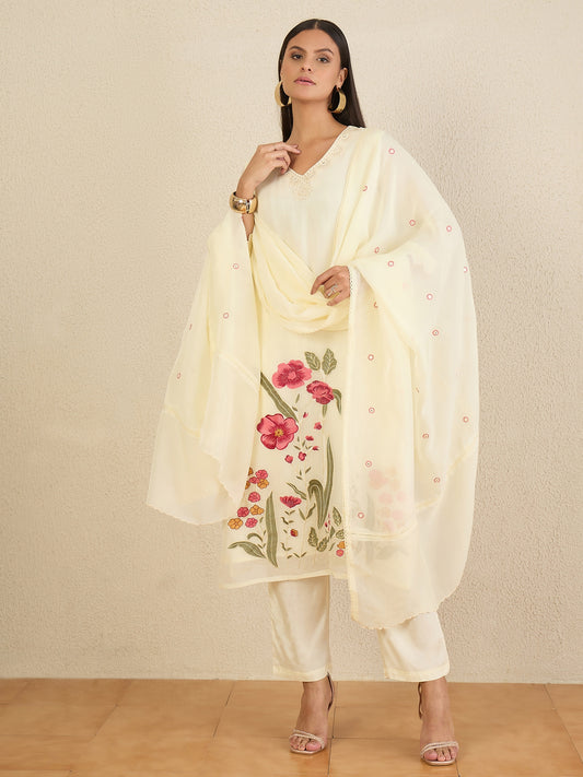 Women Floral Embroidered Regular Thread Work Kurta with Trousers & With Dupatta