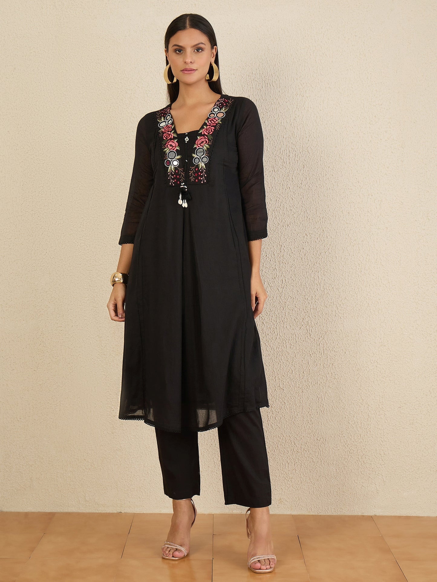 Women Floral Embroidered Panelled Mirror Work Kurta with Trousers & With Dupatta