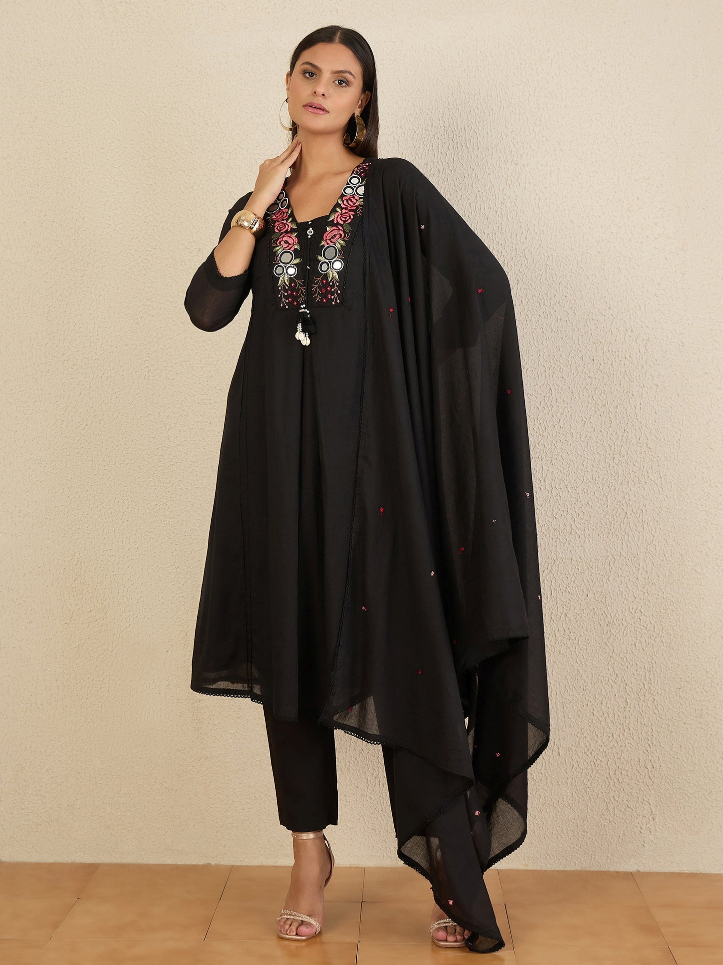 Women Floral Embroidered Panelled Mirror Work Kurta with Trousers & With Dupatta