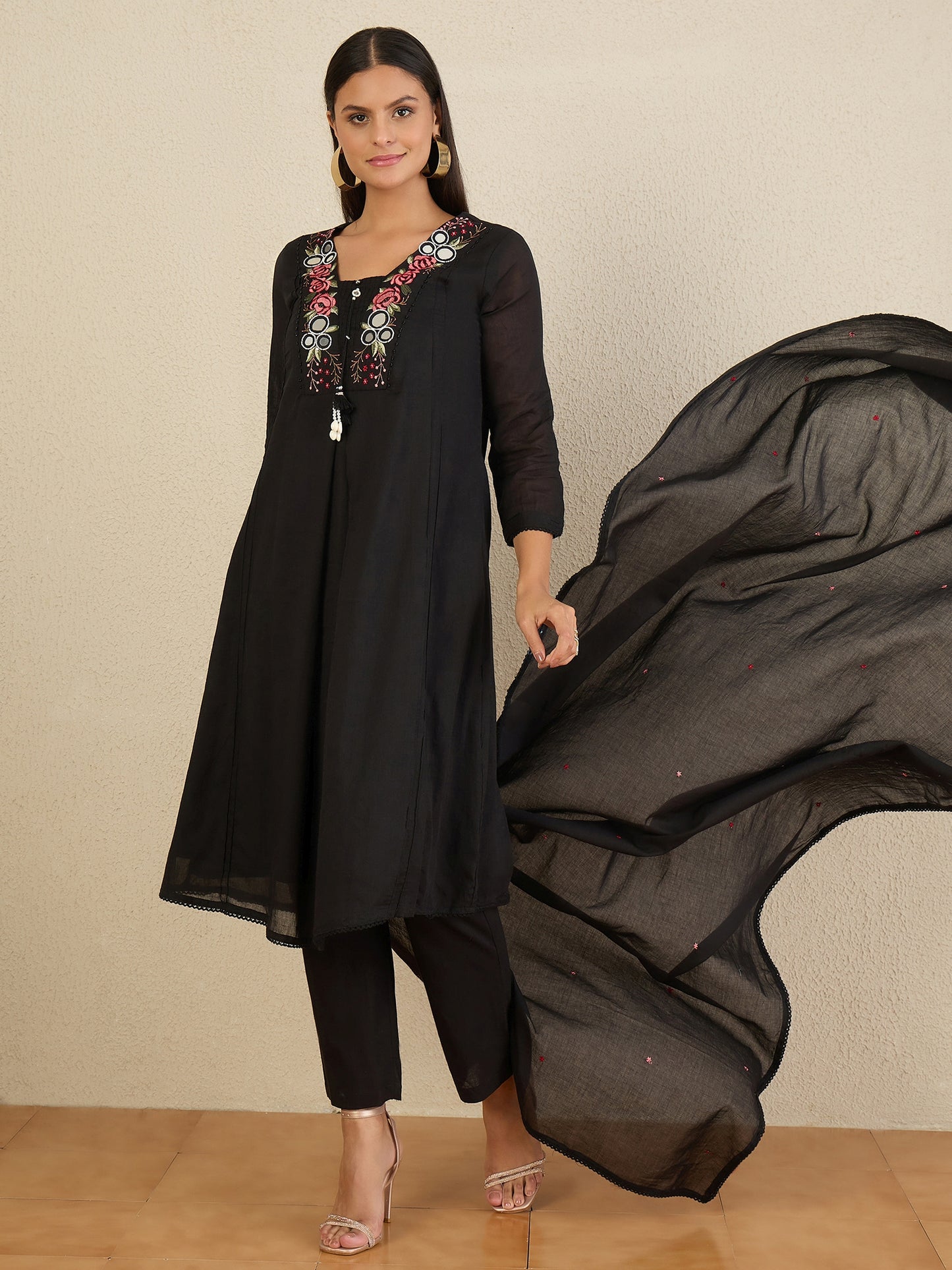 Women Floral Embroidered Panelled Mirror Work Kurta with Trousers & With Dupatta