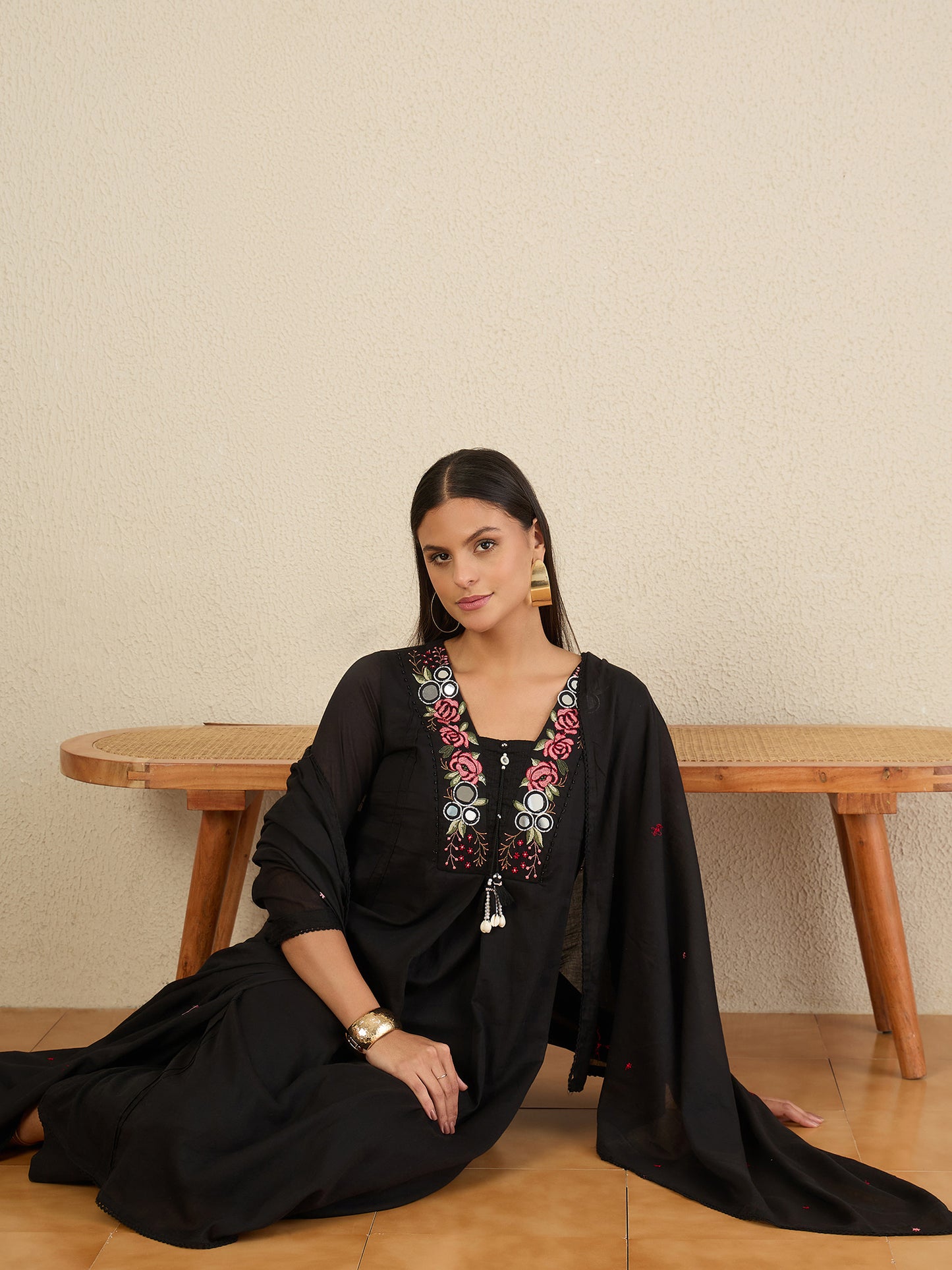 Women Floral Embroidered Panelled Mirror Work Kurta with Trousers & With Dupatta