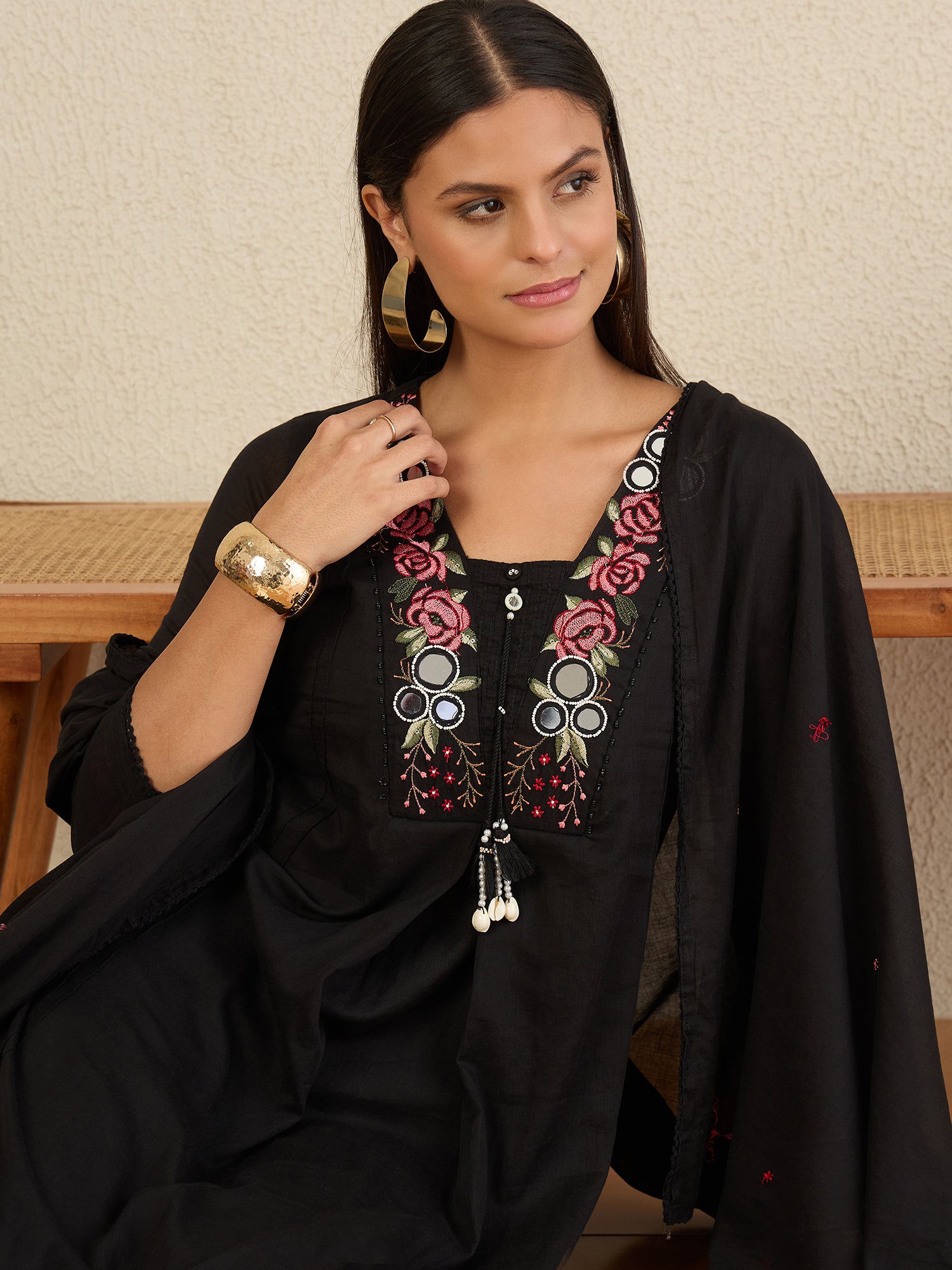Women Floral Embroidered Panelled Mirror Work Kurta with Trousers & With Dupatta