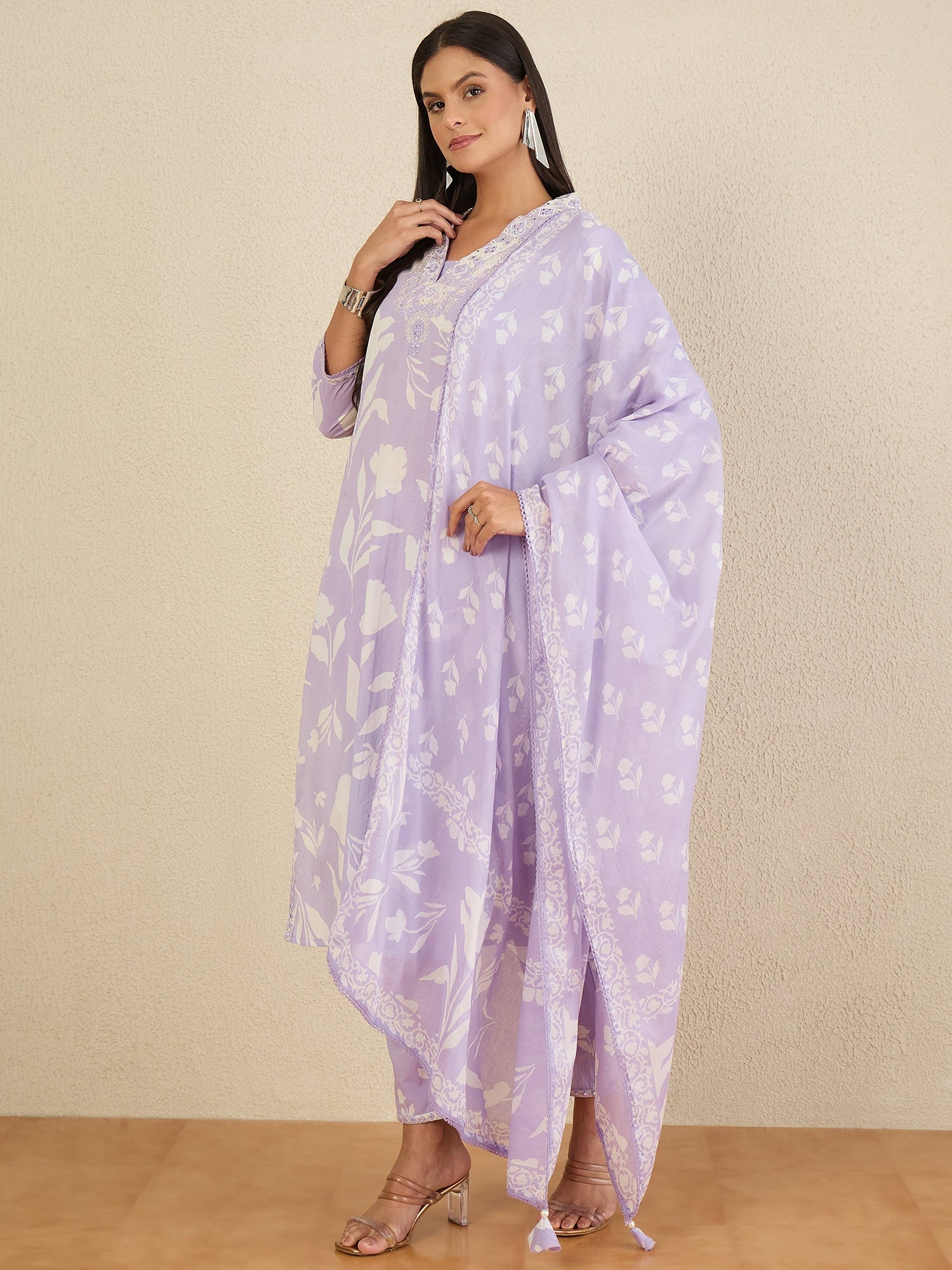 Women Floral Printed Regular Mirror Work Pure Cotton Kurta with Trousers & With Dupatta