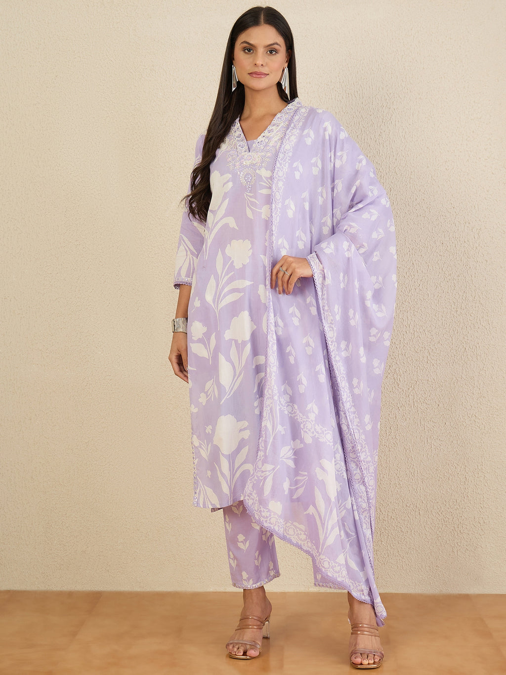 Women Floral Printed Regular Mirror Work Pure Cotton Kurta with Trousers & With Dupatta