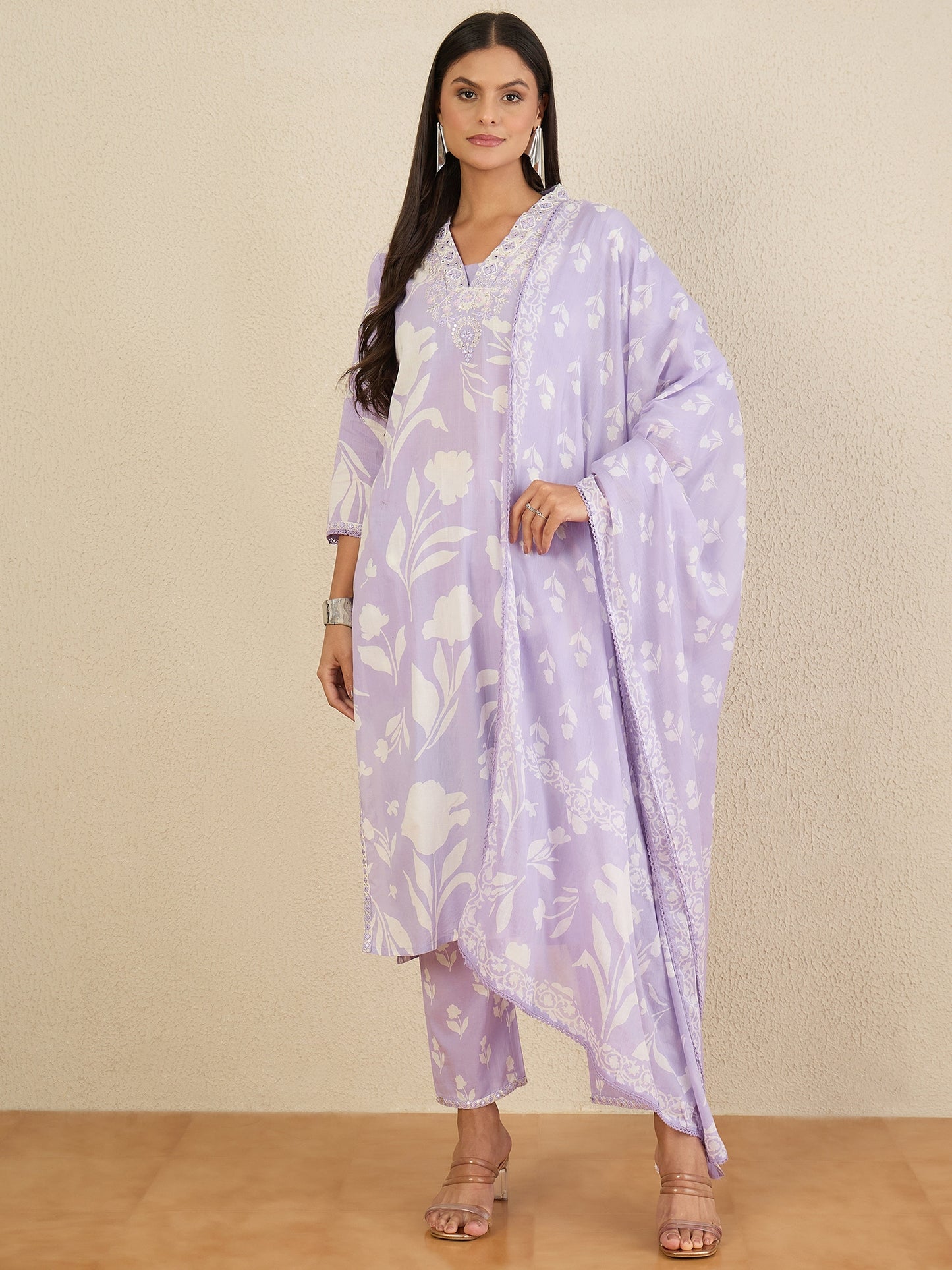 Women Floral Printed Regular Mirror Work Pure Cotton Kurta with Trousers & With Dupatta