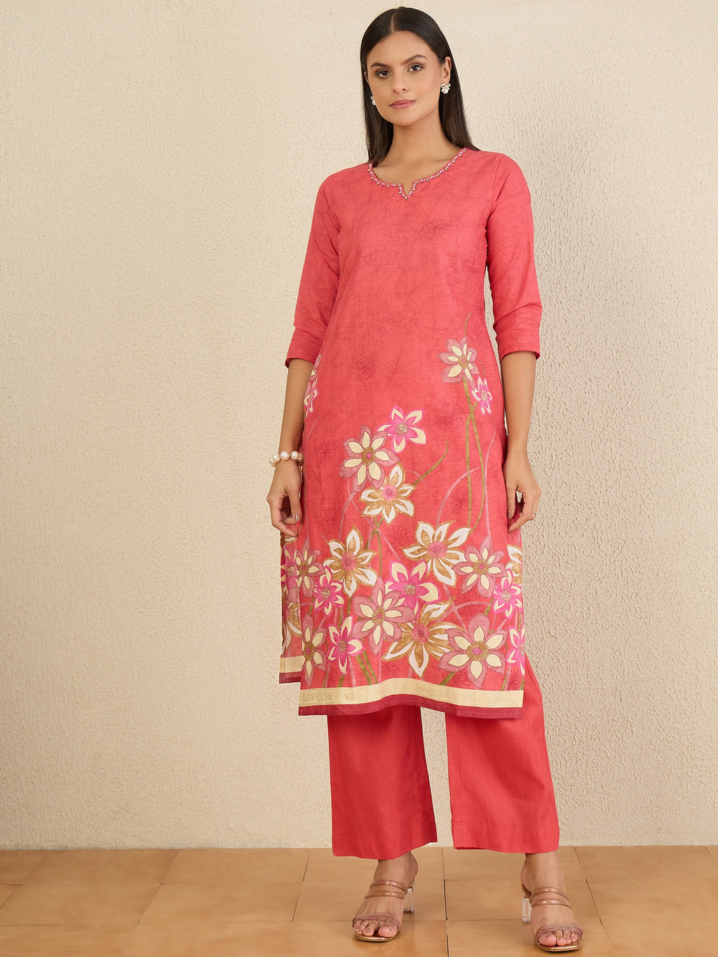 Women Printed Regular Beads and Stones Pure Cotton Kurta with Trousers & With Dupatta