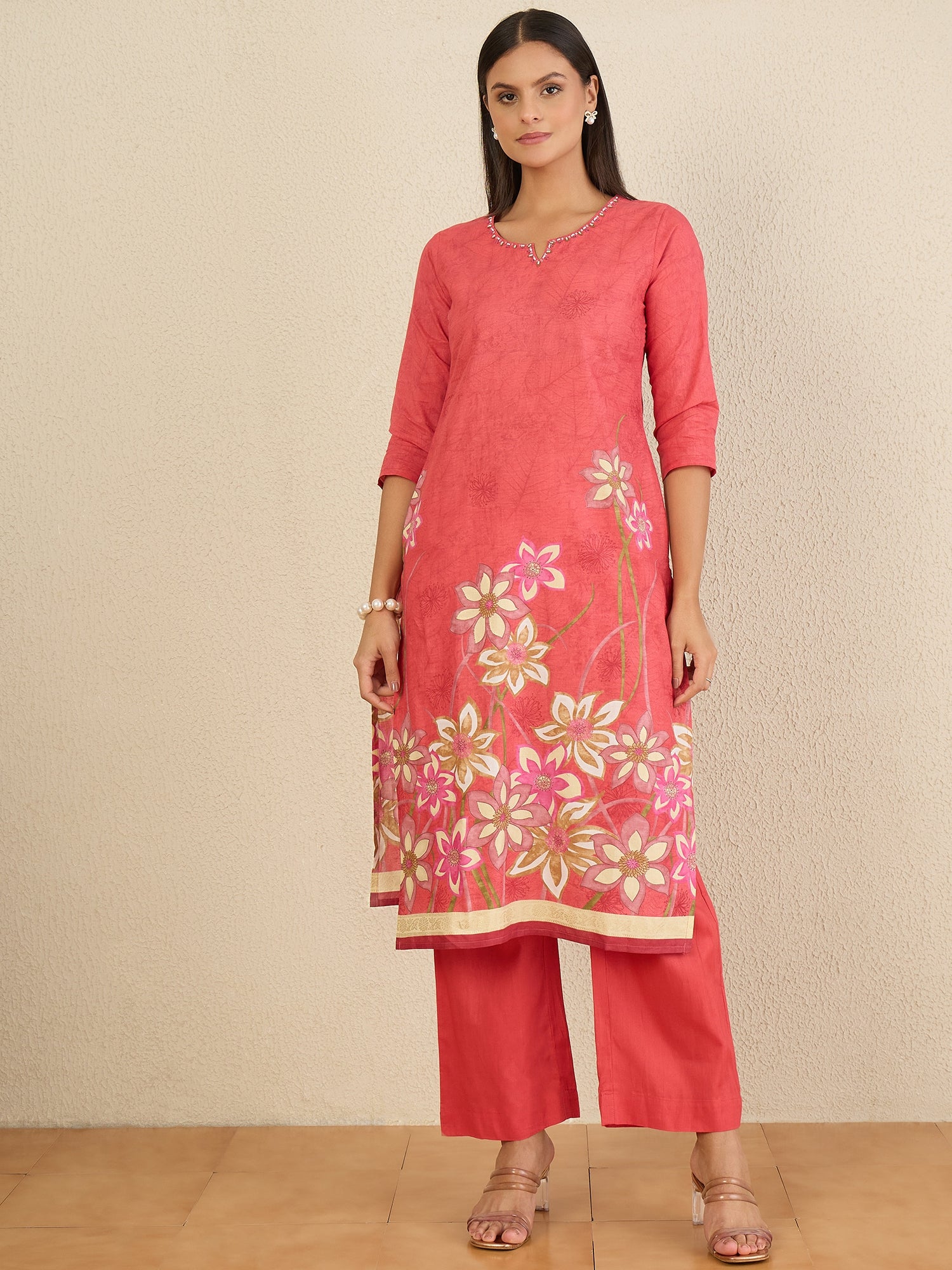 Women Printed Regular Beads and Stones Pure Cotton Kurta with Trousers & With Dupatta