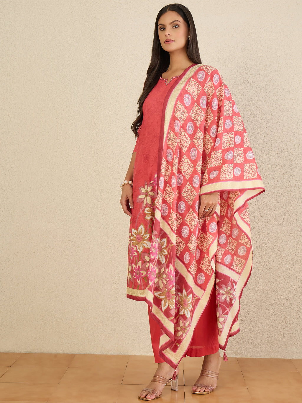 Women Printed Regular Beads and Stones Pure Cotton Kurta with Trousers & With Dupatta