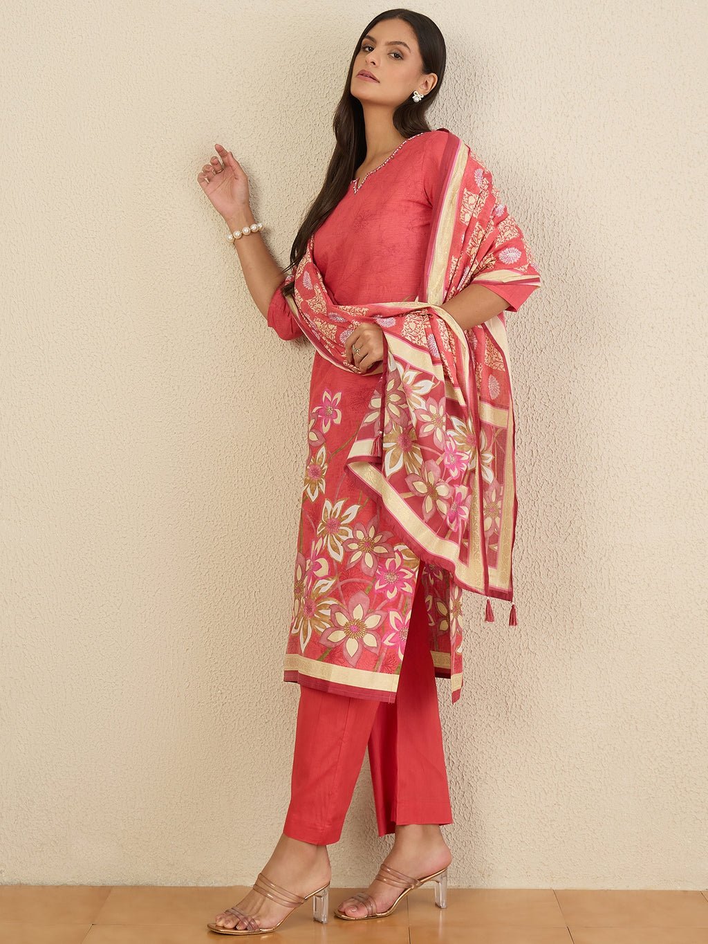 Women Printed Regular Beads and Stones Pure Cotton Kurta with Trousers & With Dupatta