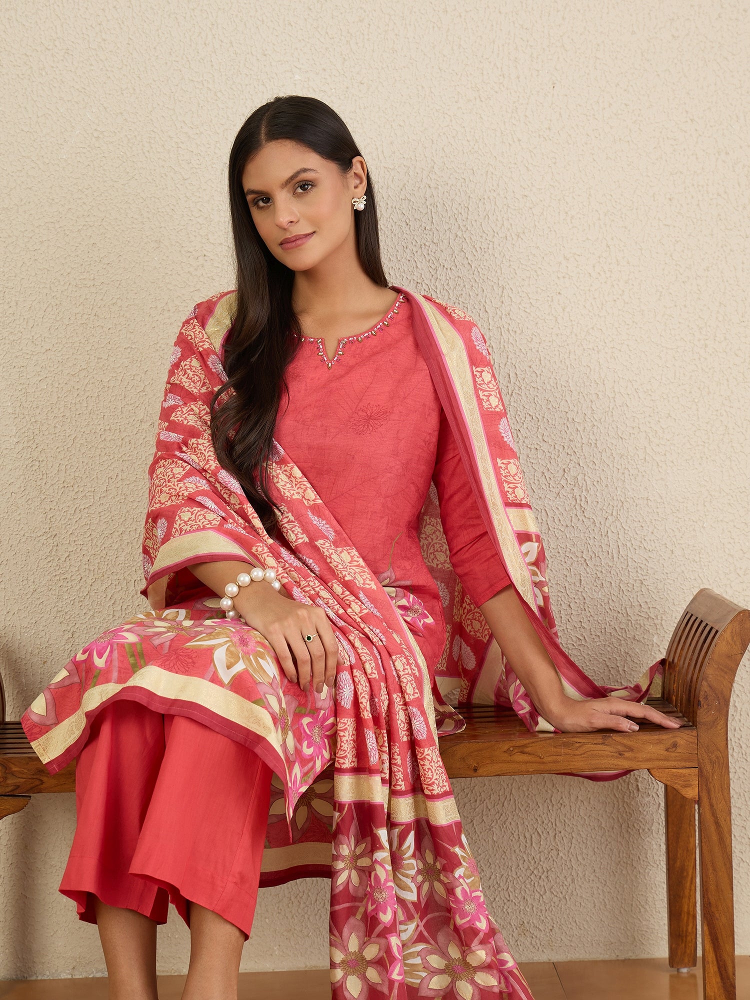 Women Printed Regular Beads and Stones Pure Cotton Kurta with Trousers & With Dupatta