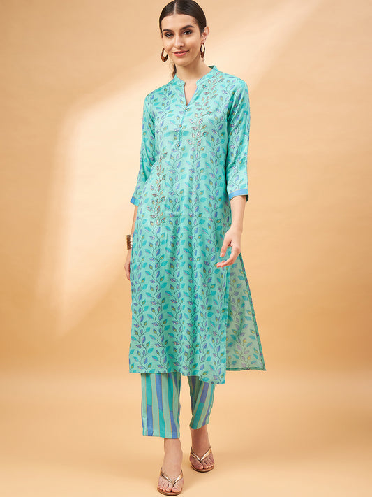 Floral Printed Sequinned Straight Kurta with Trousers