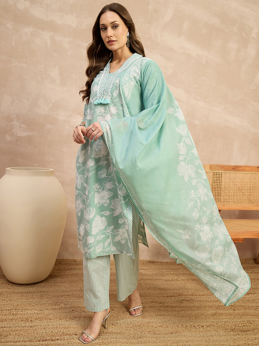 Women Floral Printed Regular Pure Cotton Kurta with Trousers & With Dupatta