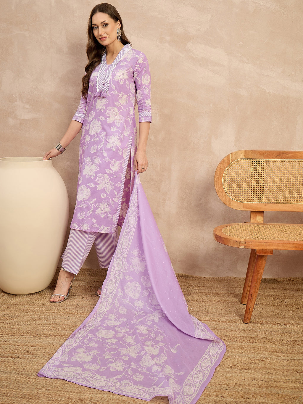 Women Floral Printed Regular Pure Cotton Kurta with Trousers & With Dupatta