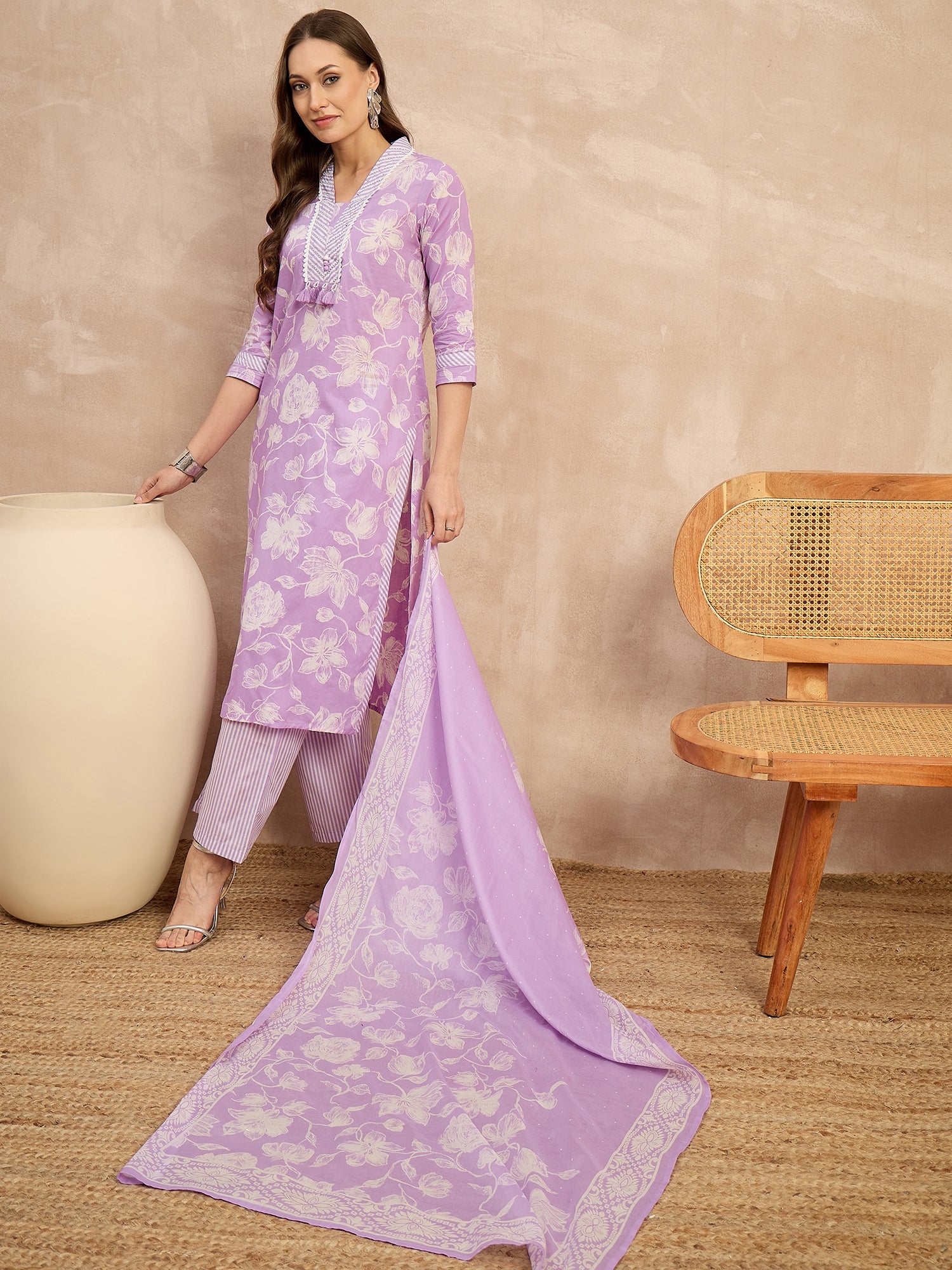 Women Floral Printed Regular Pure Cotton Kurta with Trousers & With Dupatta
