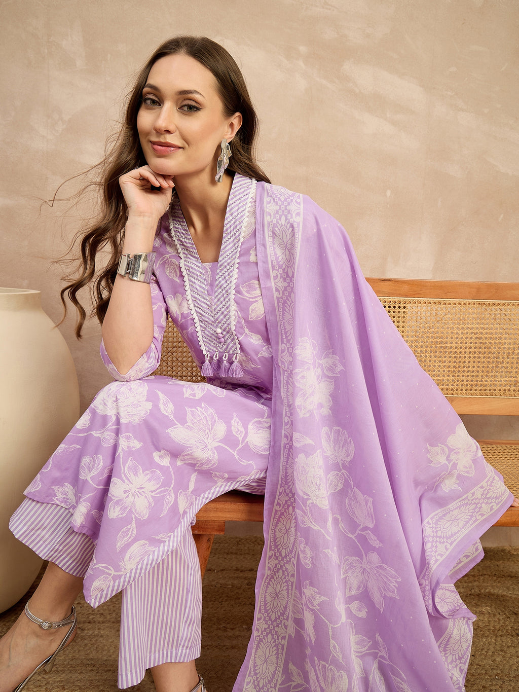 Women Floral Printed Regular Pure Cotton Kurta with Trousers & With Dupatta