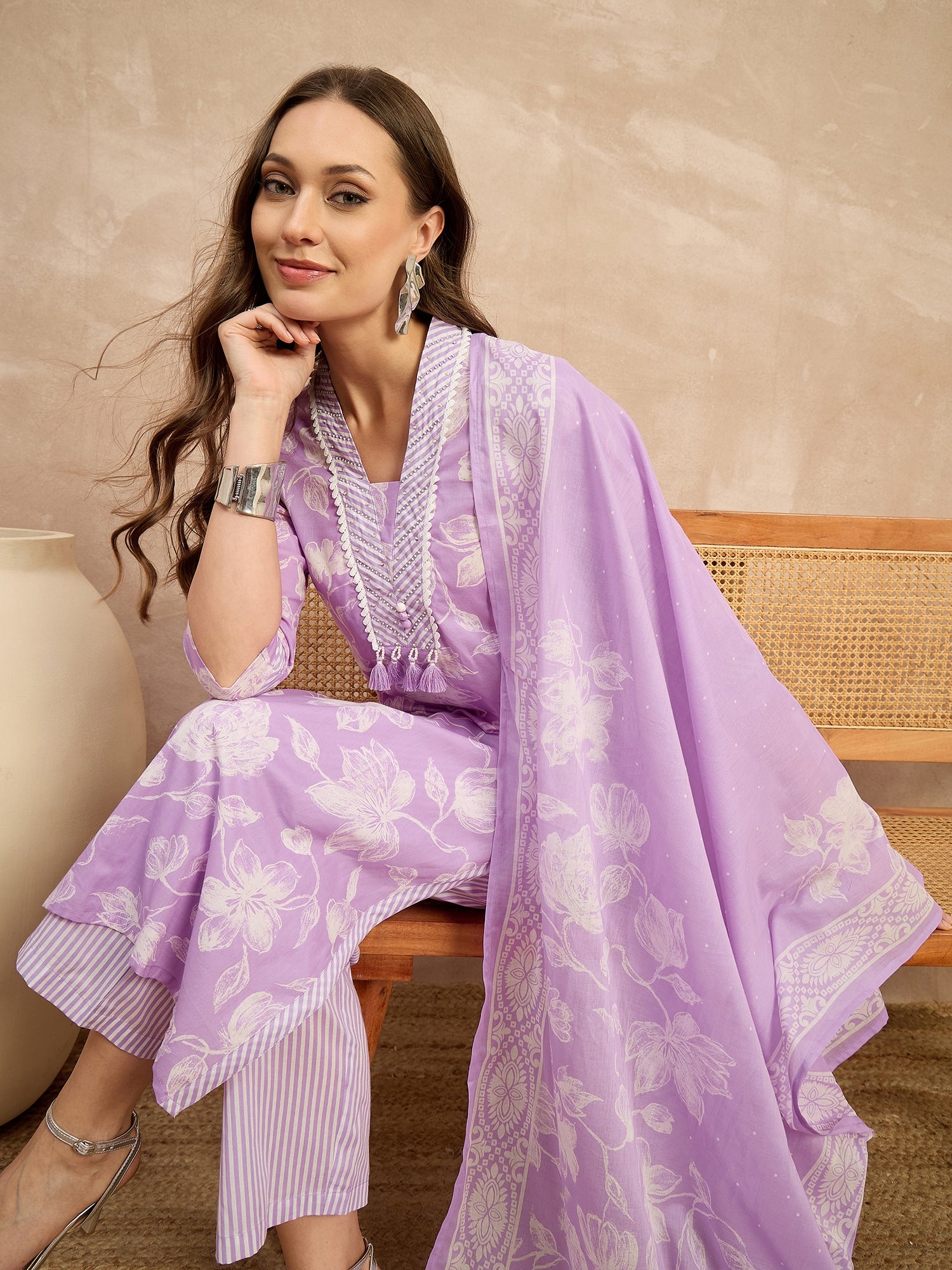 Women Floral Printed Regular Pure Cotton Kurta with Trousers & With Dupatta