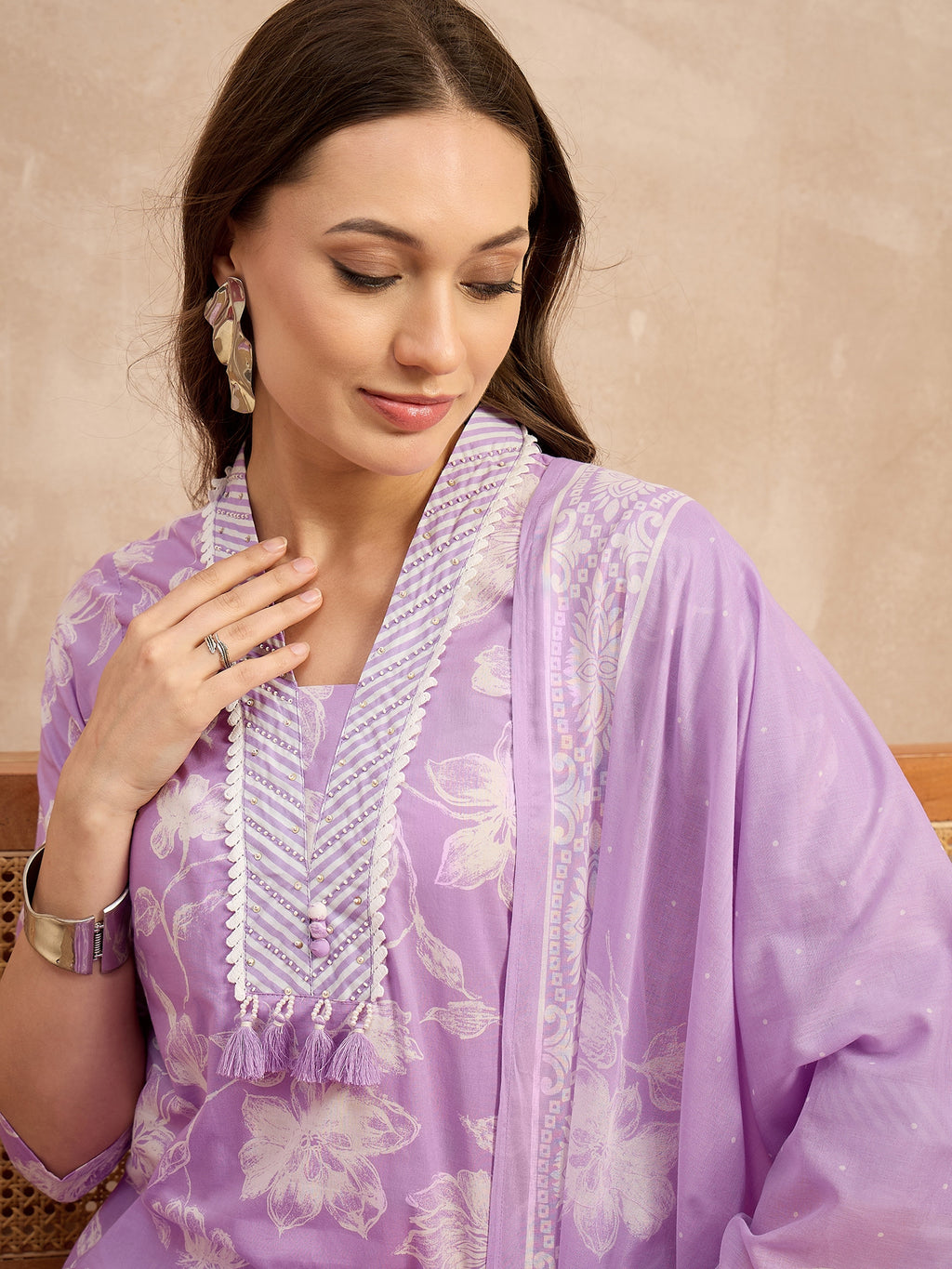 Women Floral Printed Regular Pure Cotton Kurta with Trousers & With Dupatta
