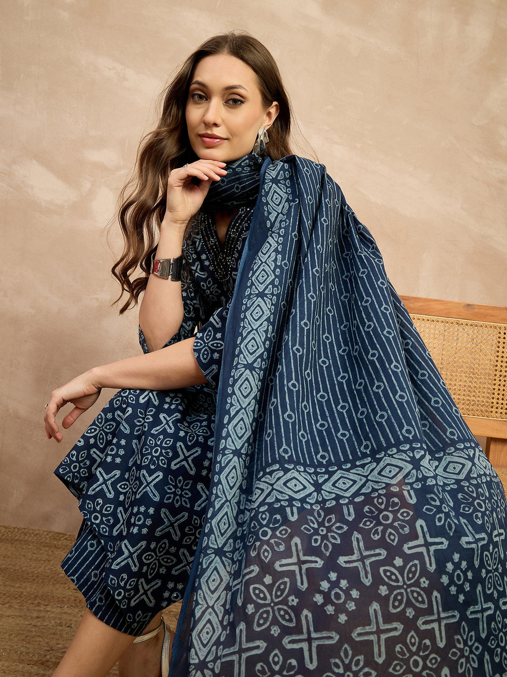 Women Ethnic Motifs Printed Regular Pure Cotton Kurta with Trousers & With Dupatta