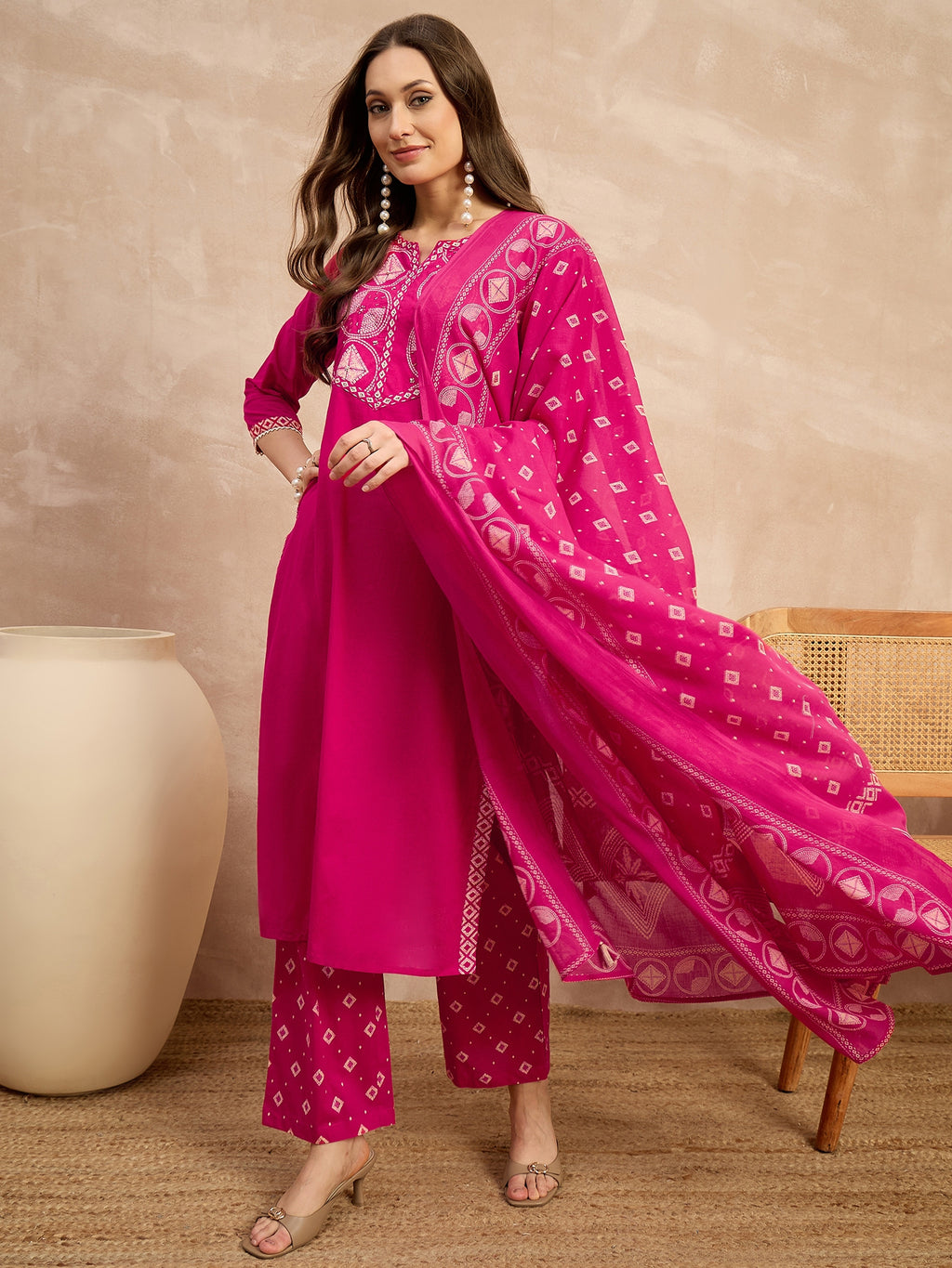 Women Printed Regular Sequinned Pure Cotton Kurta with Trousers & With Dupatta