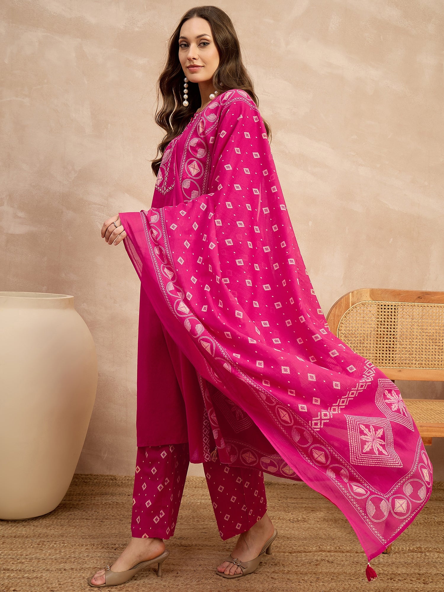 Women Printed Regular Sequinned Pure Cotton Kurta with Trousers & With Dupatta