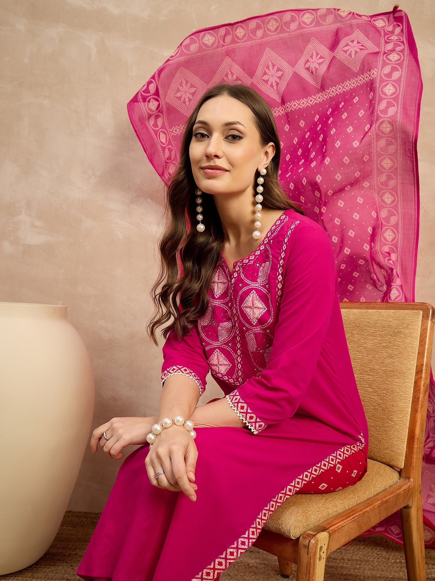 Women Printed Regular Sequinned Pure Cotton Kurta with Trousers & With Dupatta