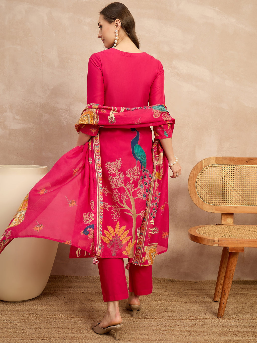 Women Ethnic Motifs Printed Regular Thread Work Pure Cotton Kurta with Trousers & With Dupatta
