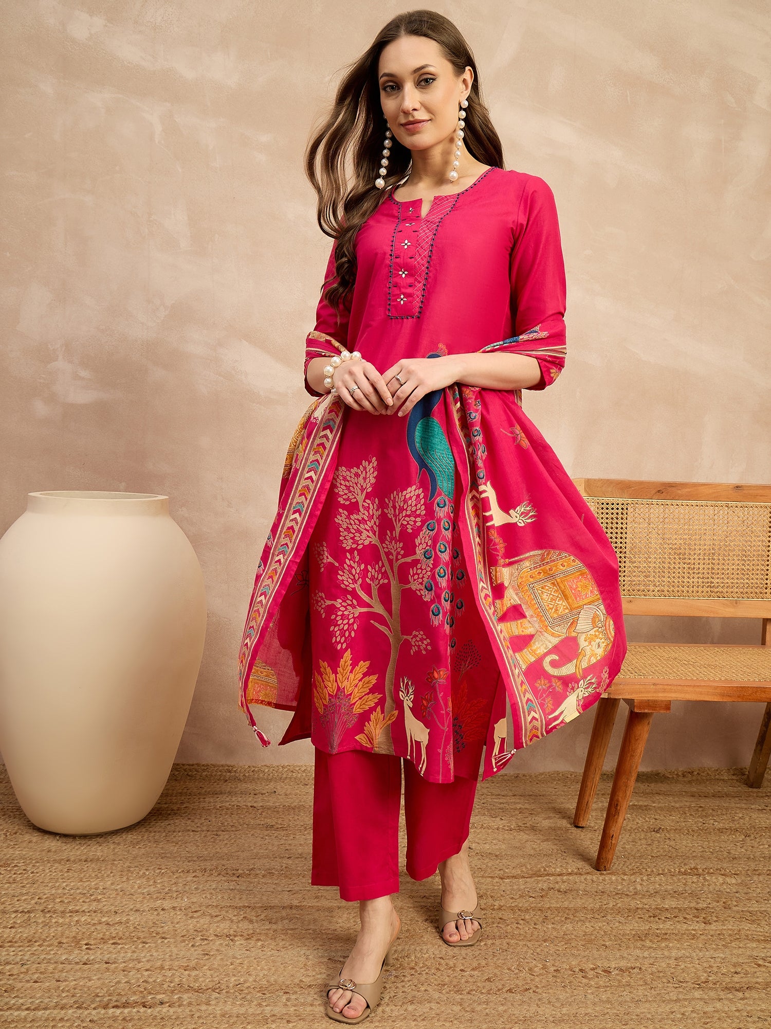 Women Ethnic Motifs Printed Regular Thread Work Pure Cotton Kurta with Trousers & With Dupatta