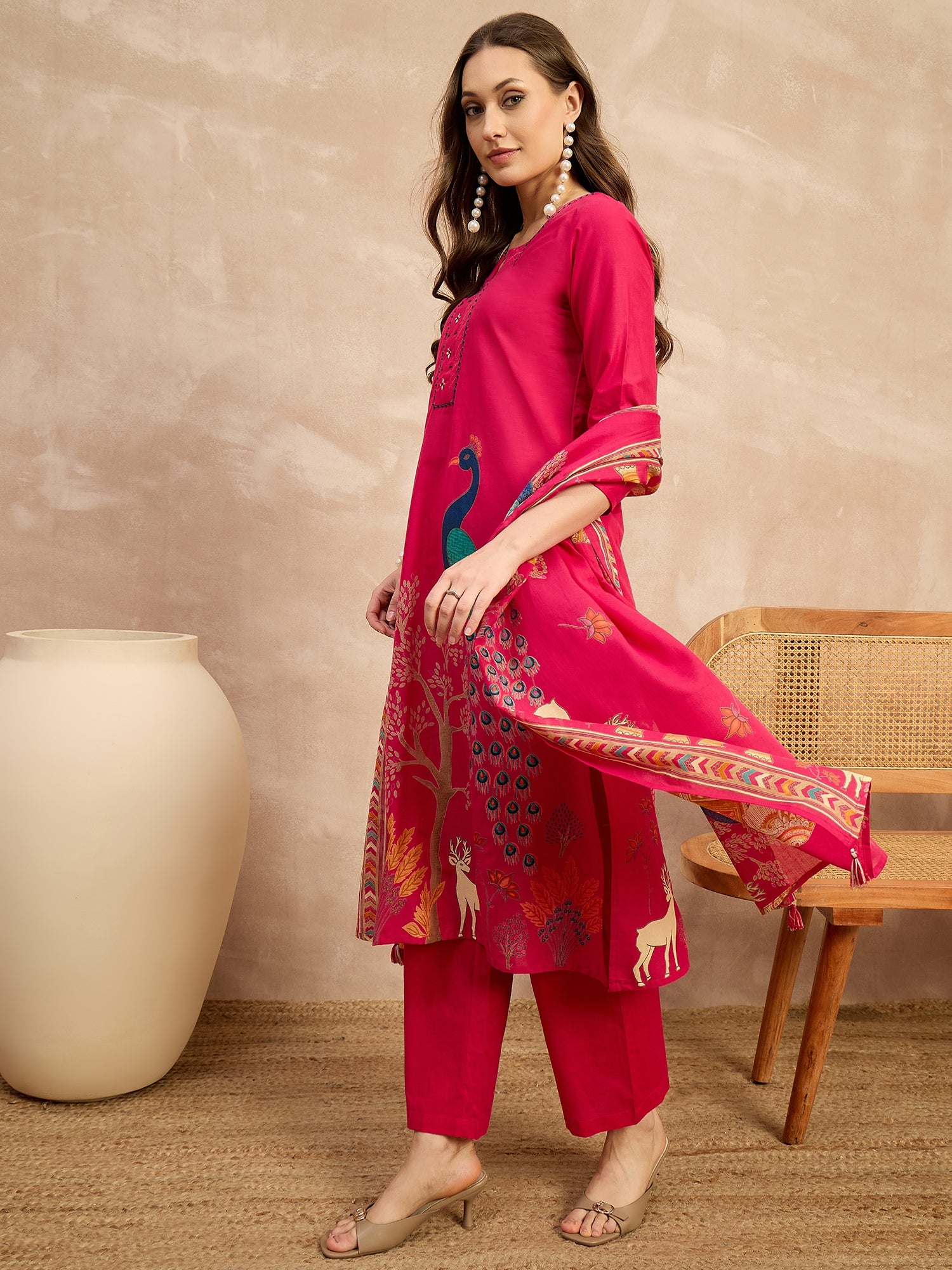 Women Ethnic Motifs Printed Regular Thread Work Pure Cotton Kurta with Trousers & With Dupatta