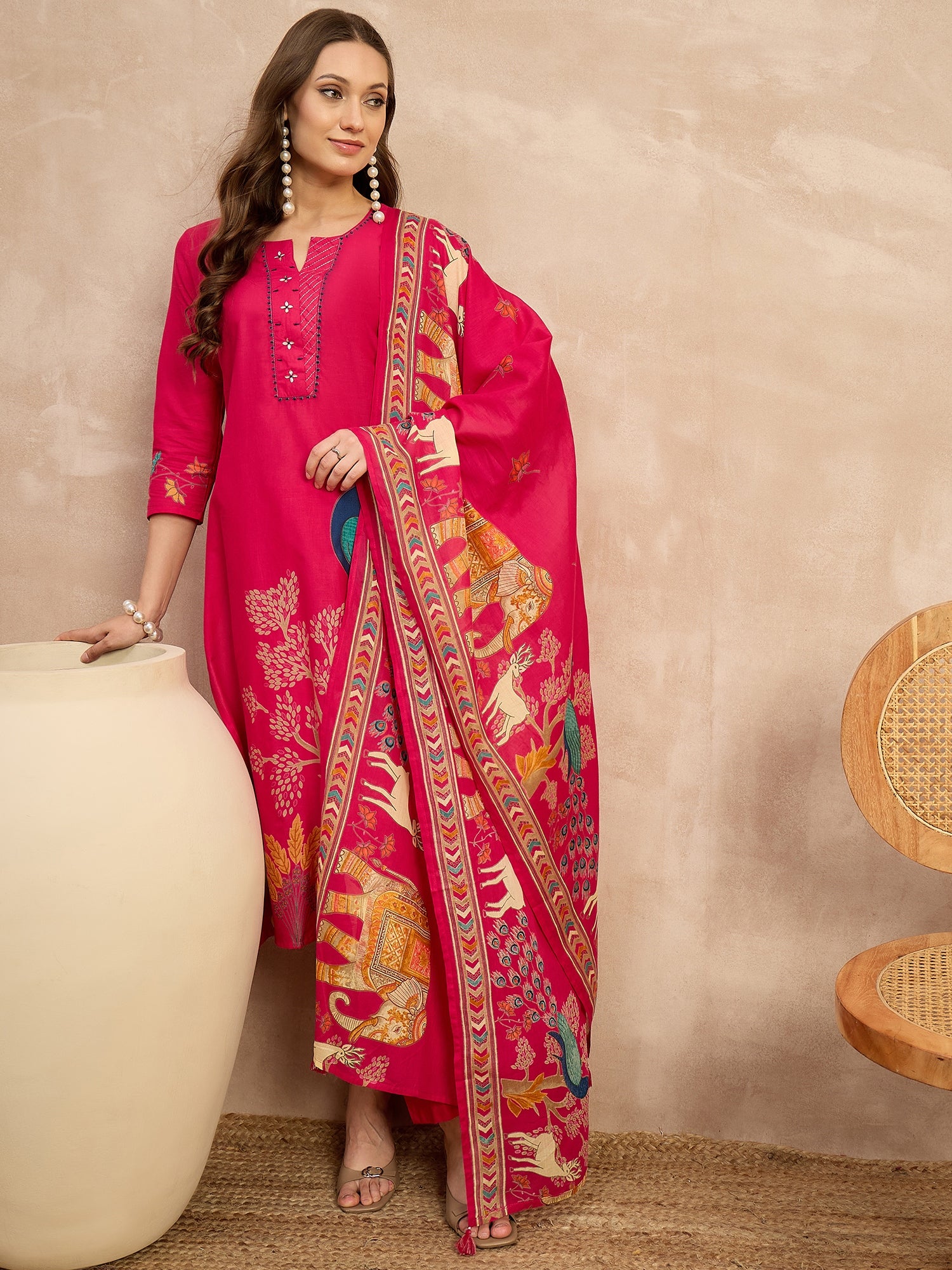 Women Ethnic Motifs Printed Regular Thread Work Pure Cotton Kurta with Trousers & With Dupatta