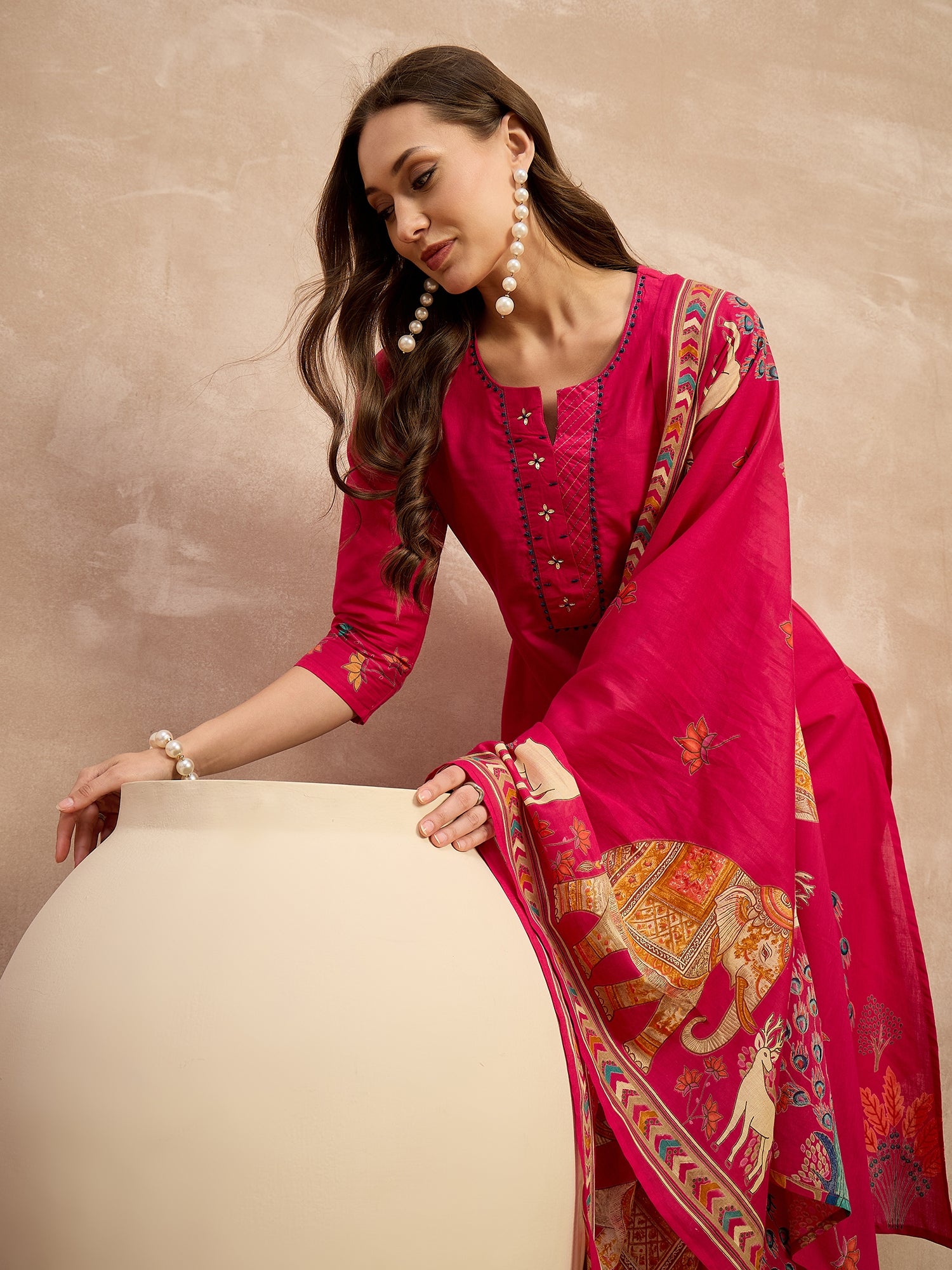 Women Ethnic Motifs Printed Regular Thread Work Pure Cotton Kurta with Trousers & With Dupatta