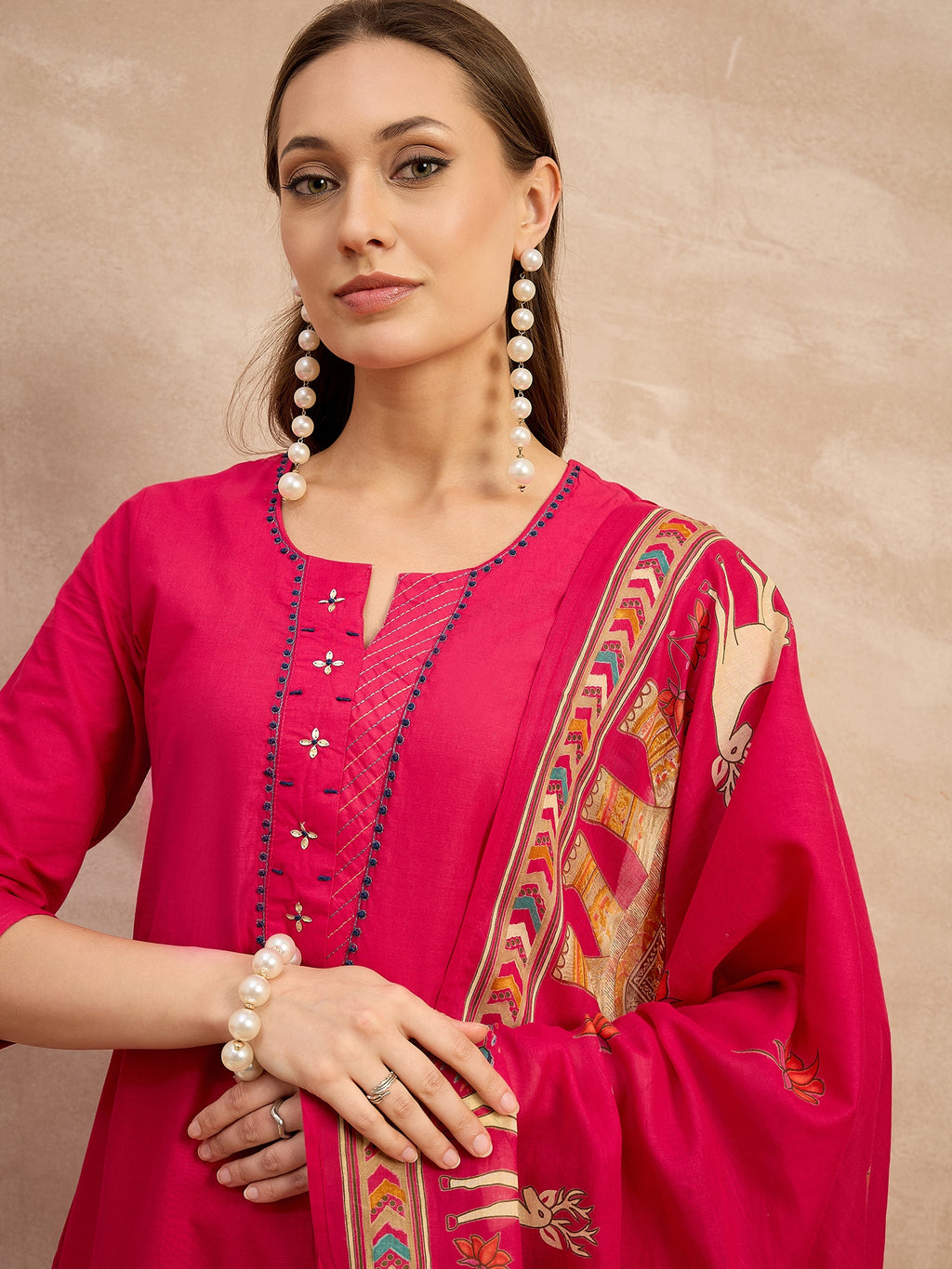 Women Ethnic Motifs Printed Regular Thread Work Pure Cotton Kurta with Trousers & With Dupatta