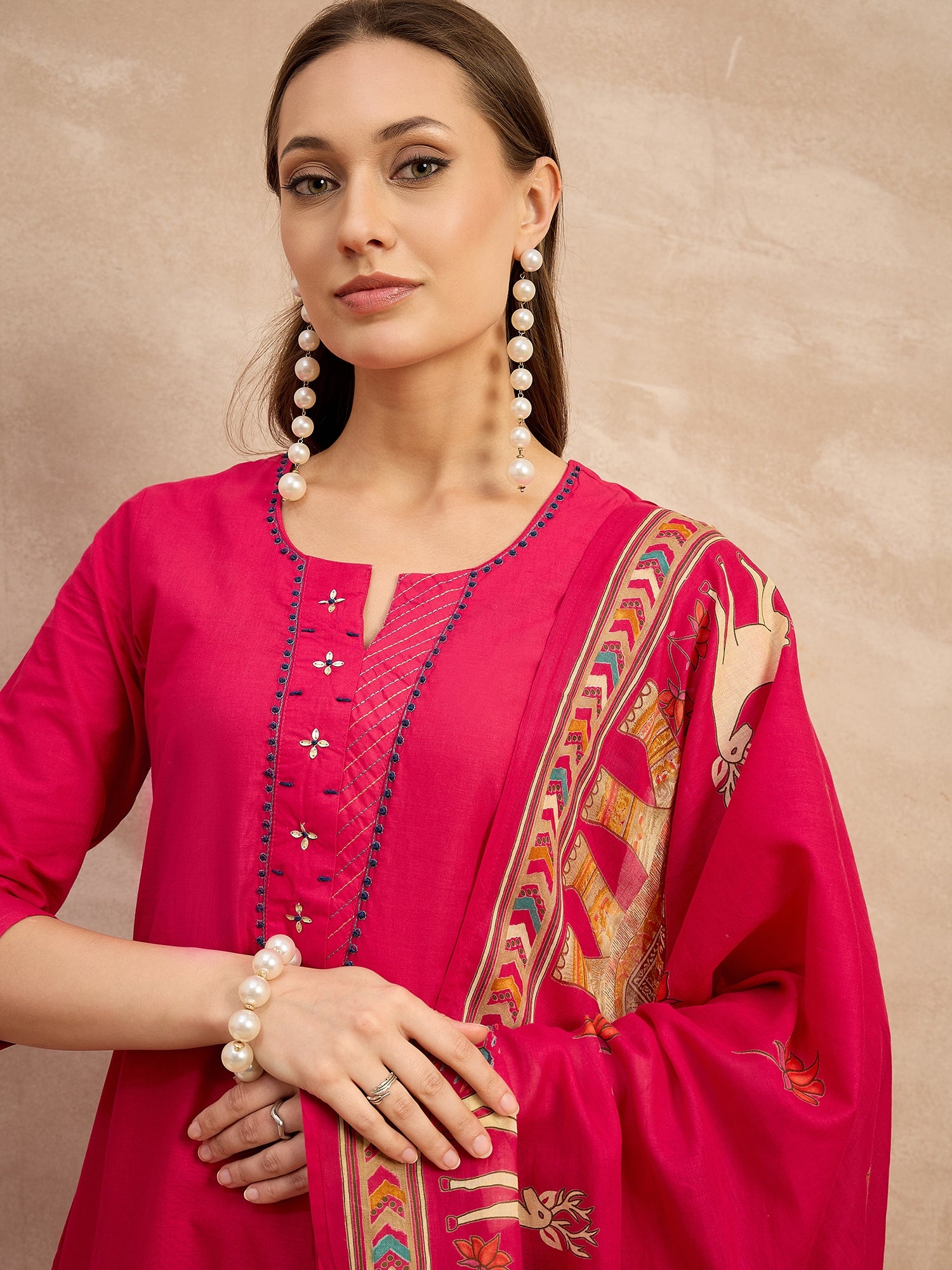 Women Ethnic Motifs Printed Regular Thread Work Pure Cotton Kurta with Trousers & With Dupatta