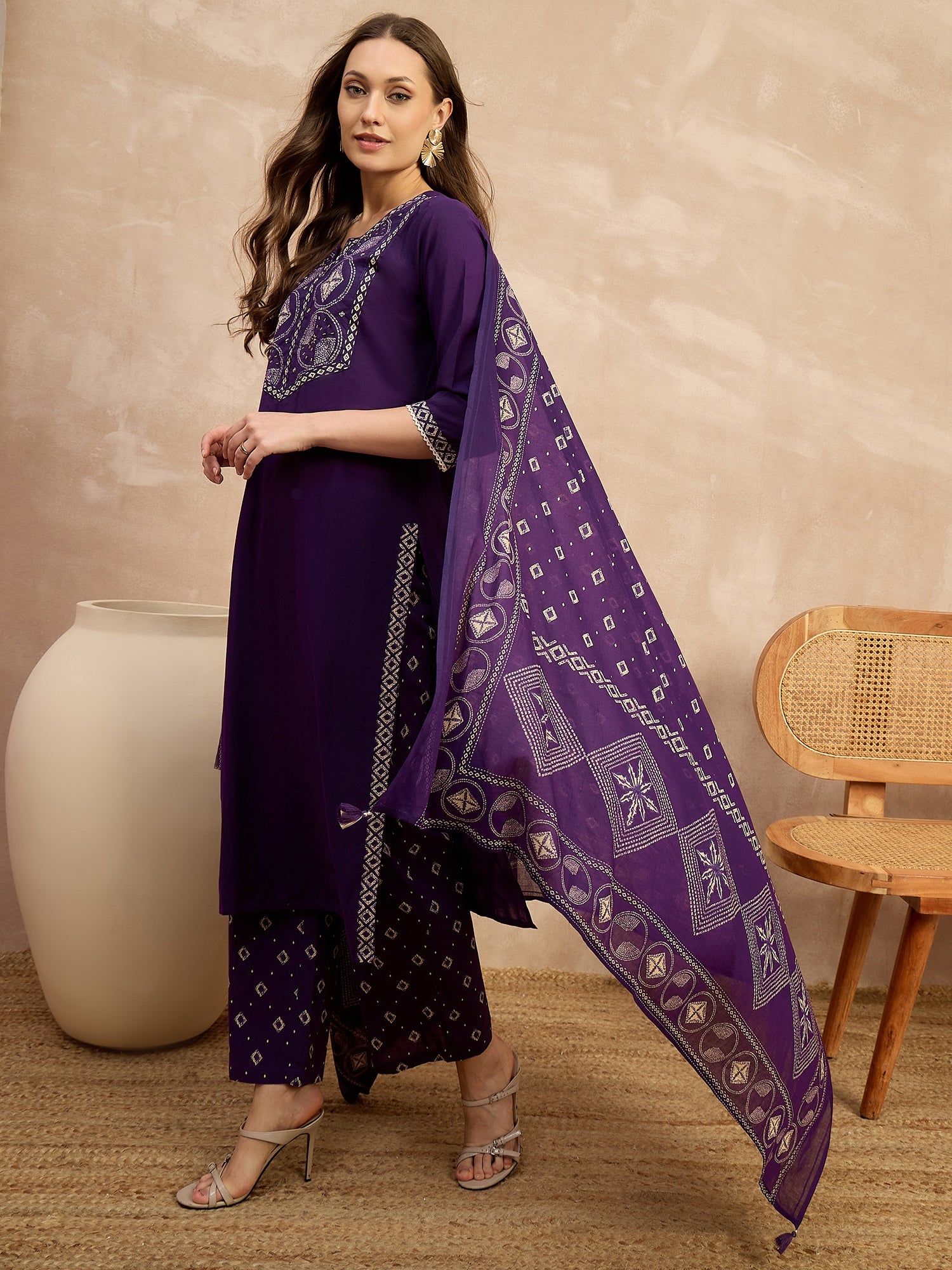 Women Printed Regular Sequinned Pure Cotton Kurta with Trousers & With Dupatta