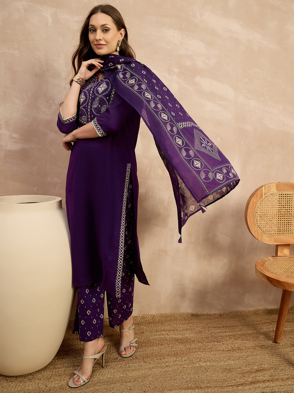 Women Printed Regular Sequinned Pure Cotton Kurta with Trousers & With Dupatta