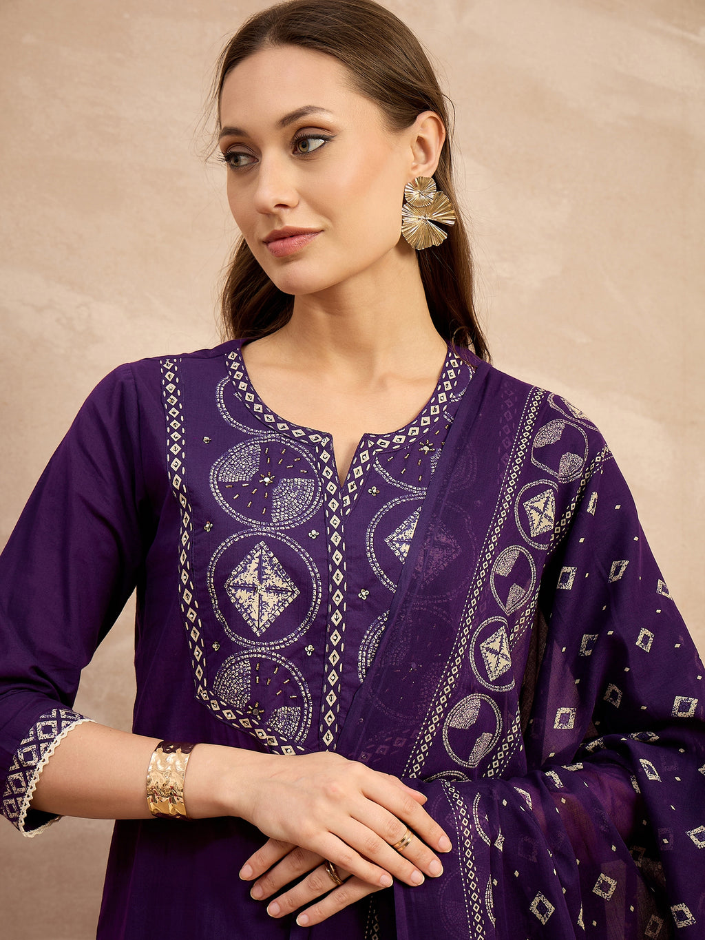 Women Printed Regular Sequinned Pure Cotton Kurta with Trousers & With Dupatta