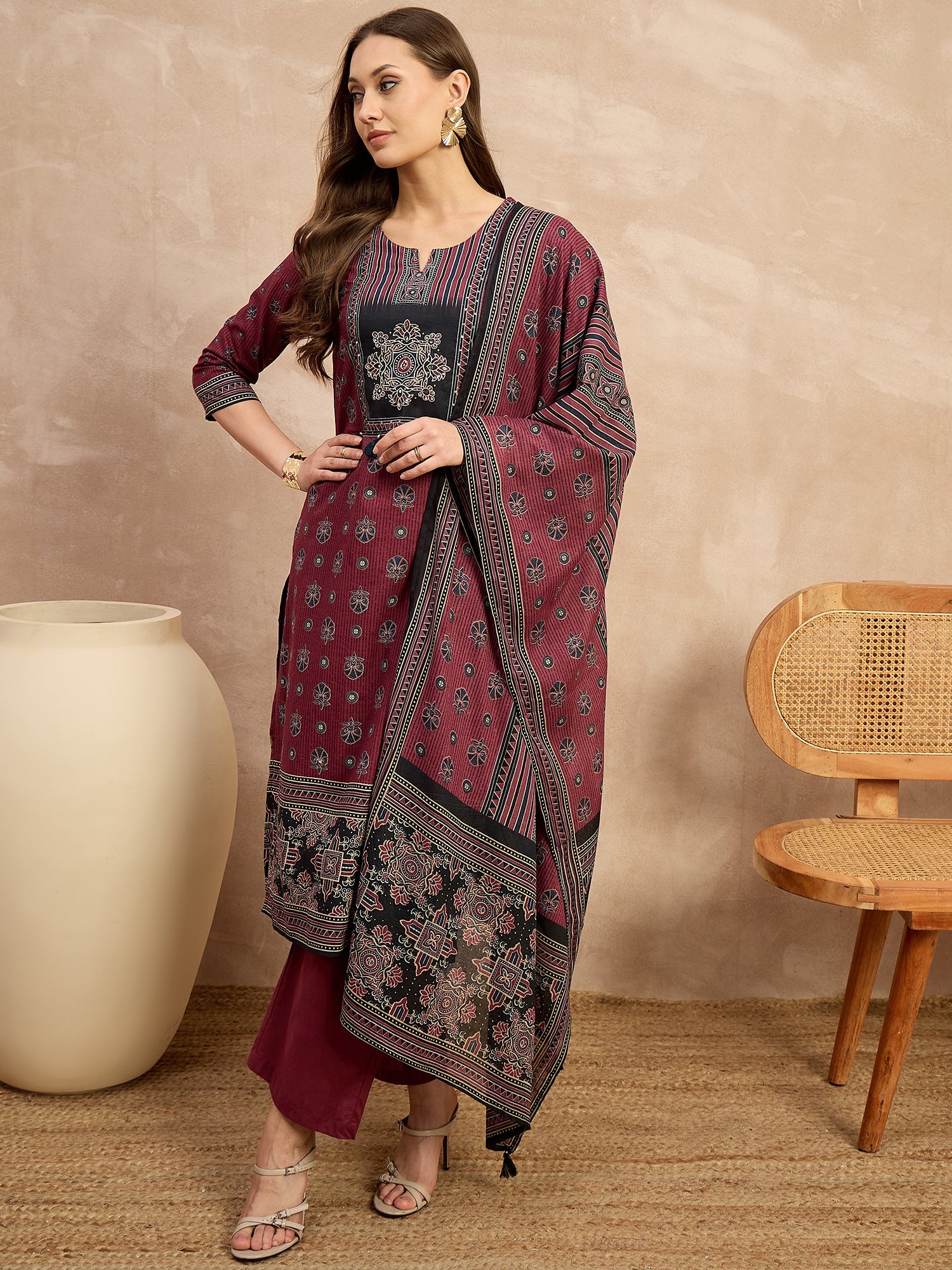 Women Ethnic Motifs Printed Regular Pure Cotton Kurta with Trousers & With Dupatta