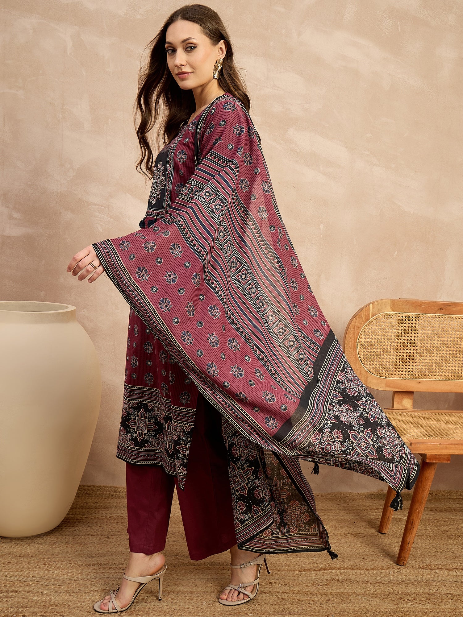 Women Ethnic Motifs Printed Regular Pure Cotton Kurta with Trousers & With Dupatta