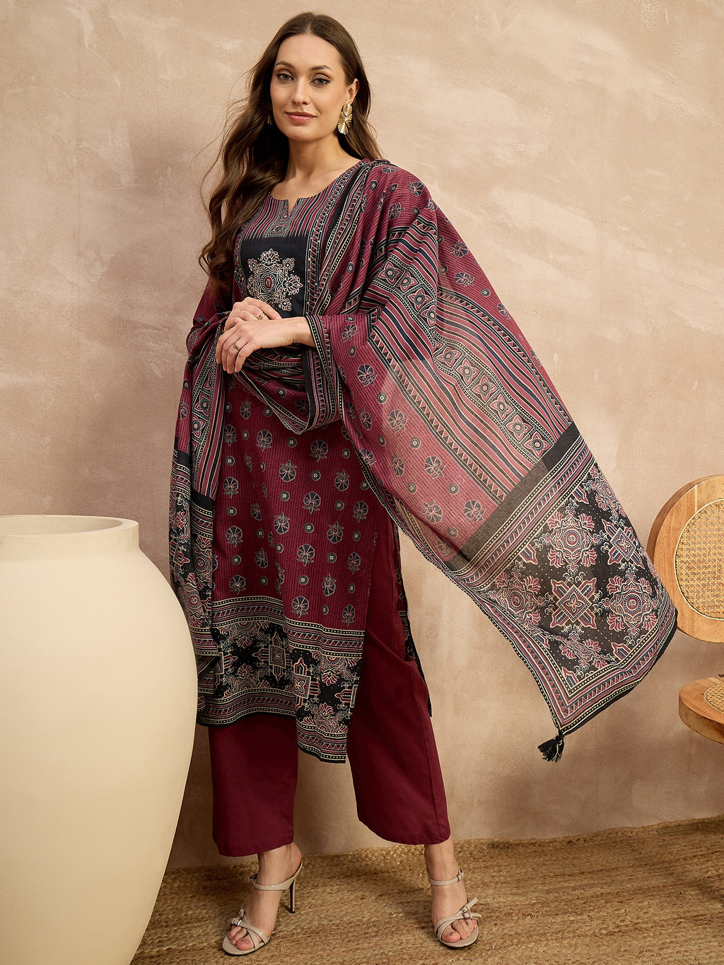 Women Ethnic Motifs Printed Regular Pure Cotton Kurta with Trousers & With Dupatta