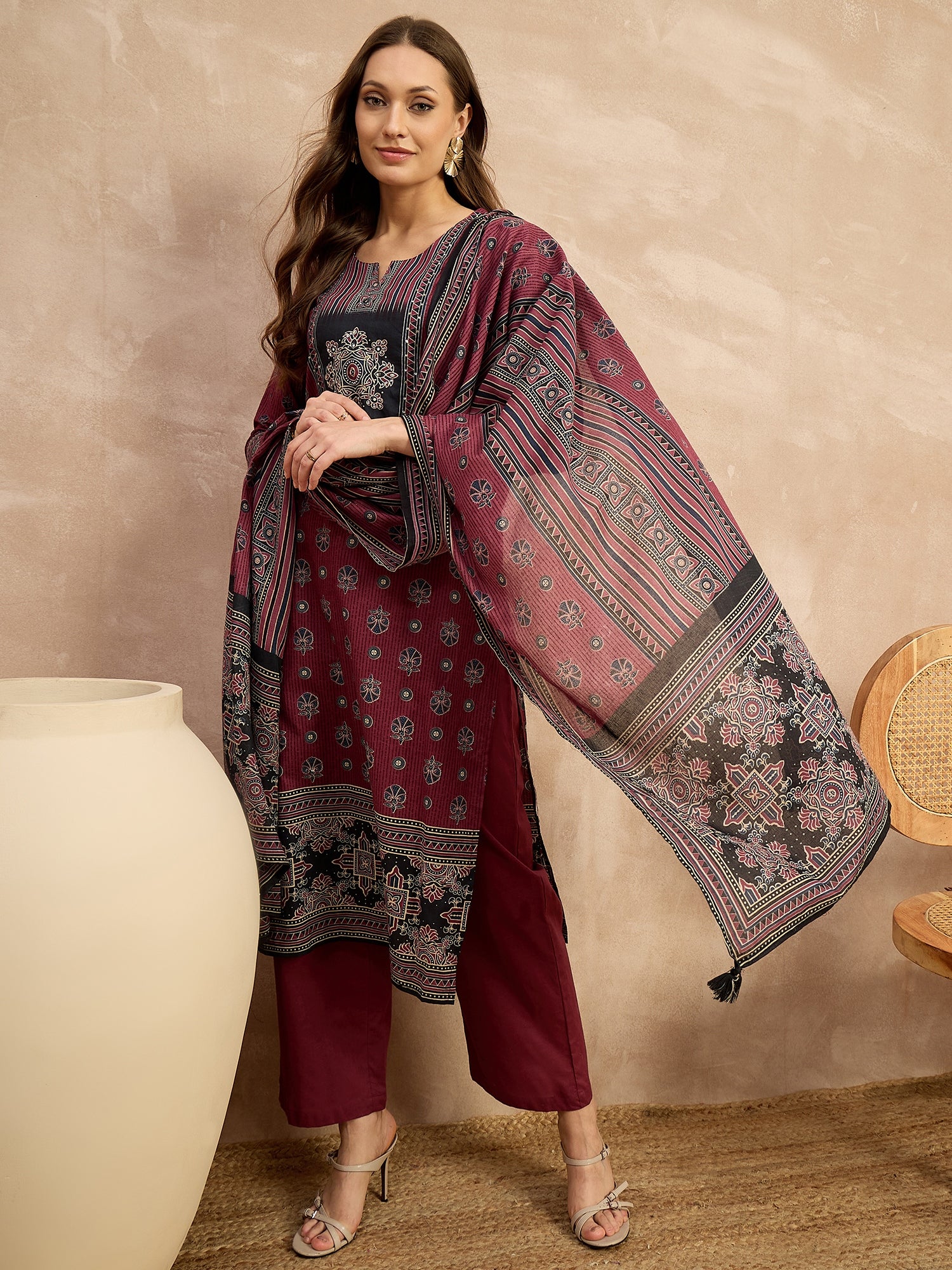 Women Ethnic Motifs Printed Regular Pure Cotton Kurta with Trousers & With Dupatta