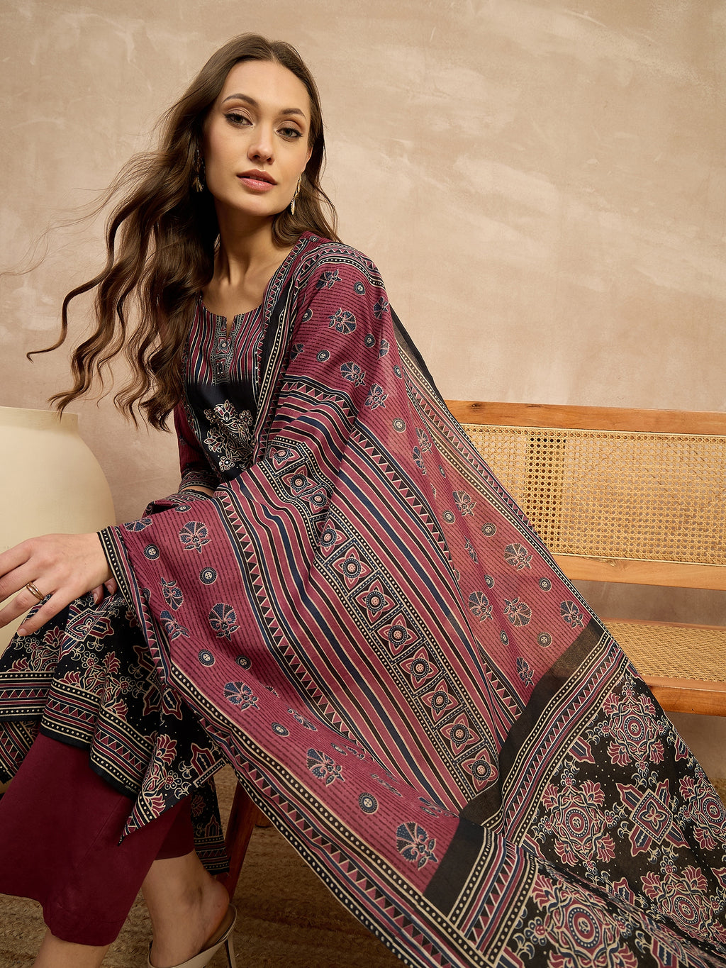 Women Ethnic Motifs Printed Regular Pure Cotton Kurta with Trousers & With Dupatta