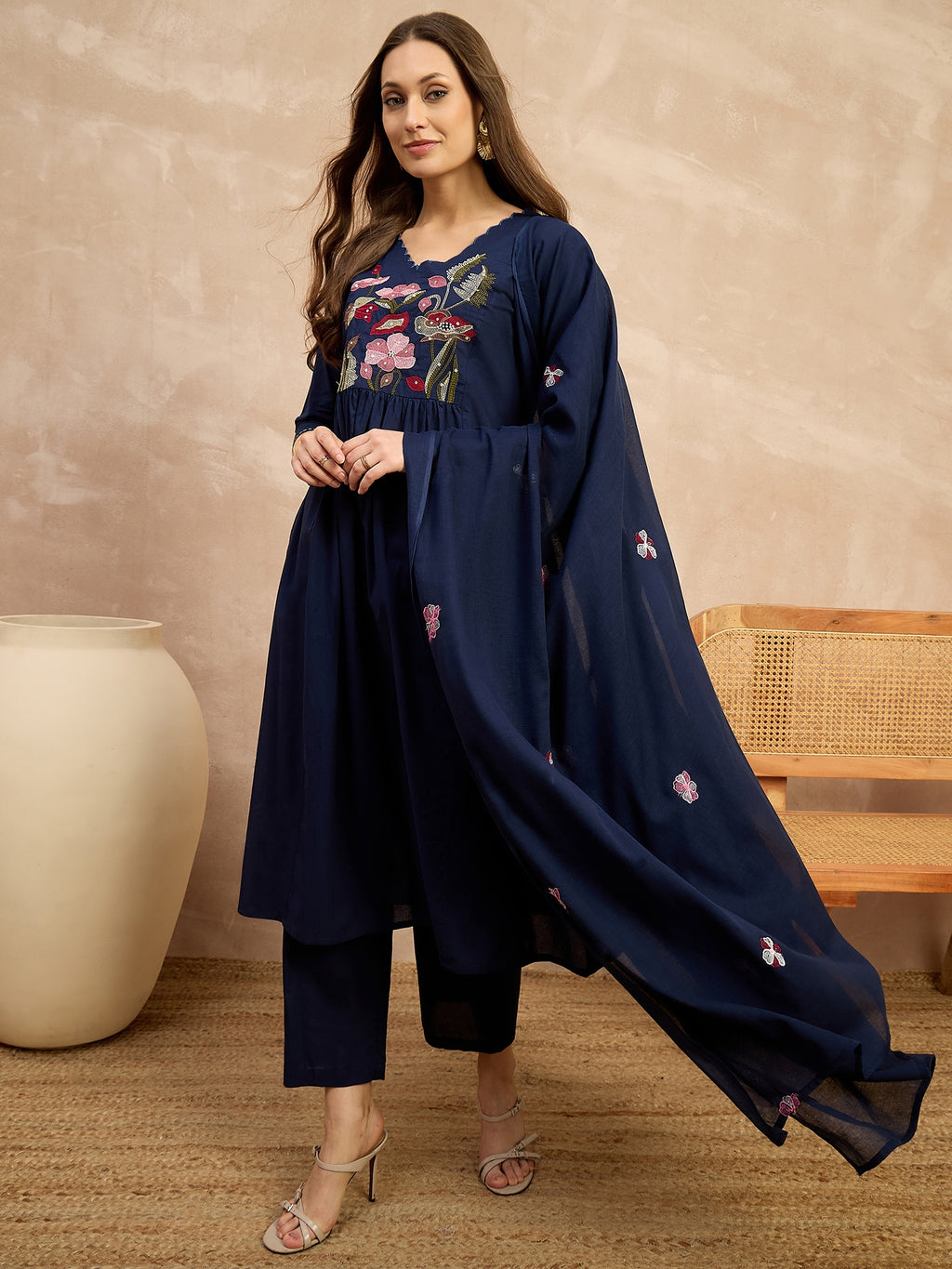 Women Floral Embroidered Empire Thread Work Pure Cotton Kurta with Trousers & With Dupatta