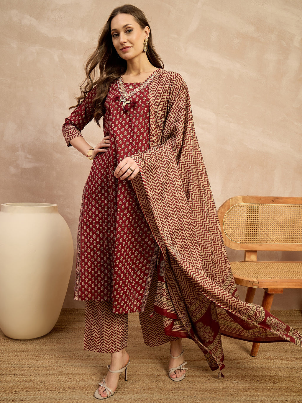 Women Printed Regular Beads and Stones Pure Cotton Kurta with Palazzos & With Dupatta