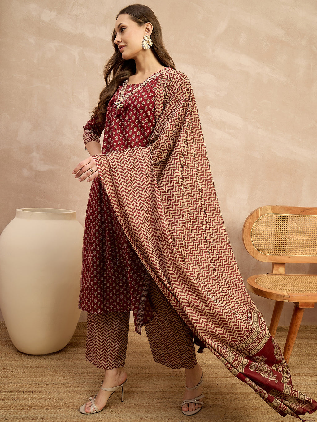 Women Printed Regular Beads and Stones Pure Cotton Kurta with Palazzos & With Dupatta