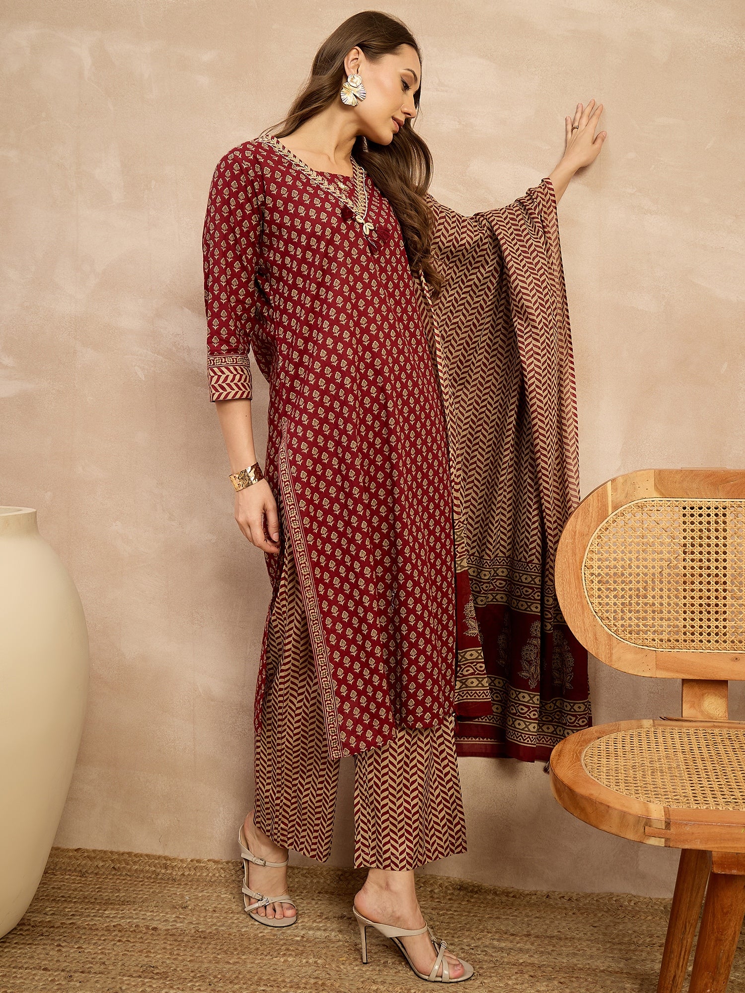 Women Printed Regular Beads and Stones Pure Cotton Kurta with Palazzos & With Dupatta