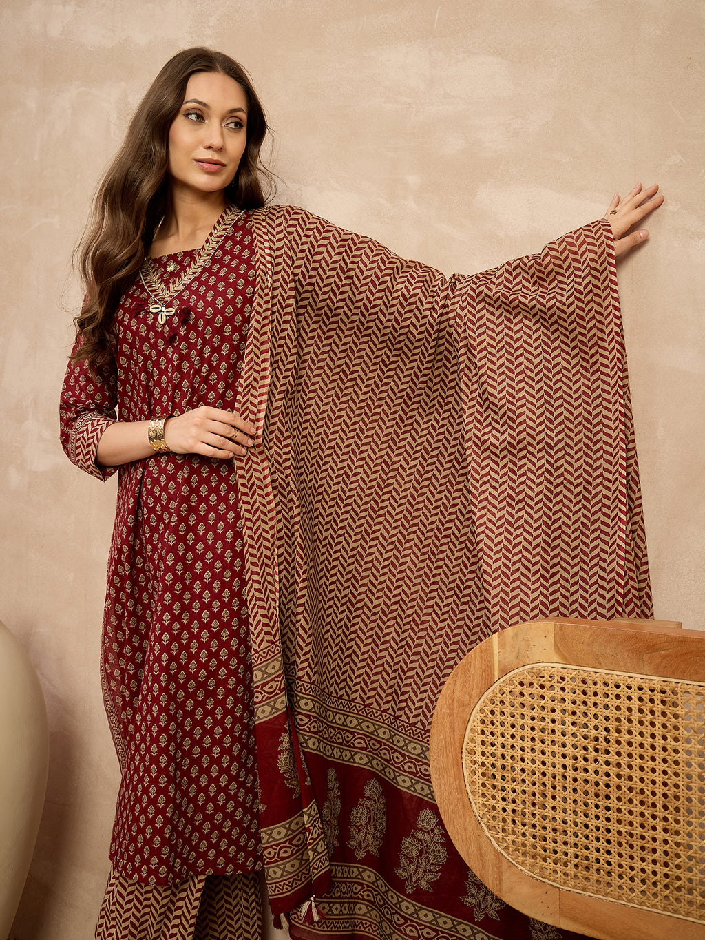 Women Printed Regular Beads and Stones Pure Cotton Kurta with Palazzos & With Dupatta