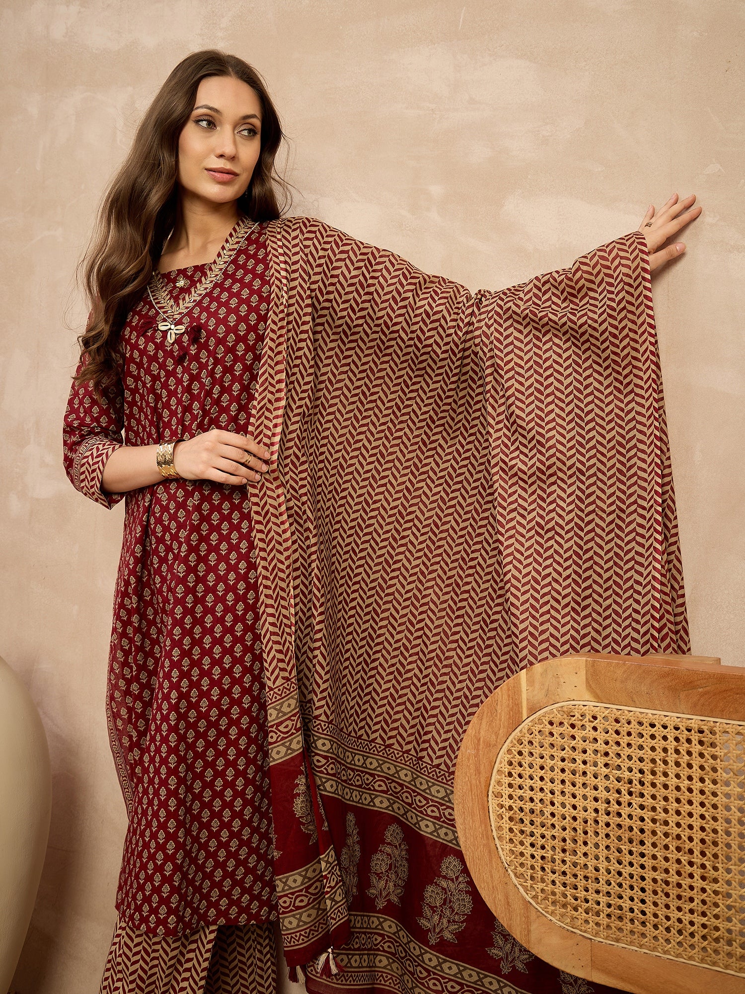 Women Printed Regular Beads and Stones Pure Cotton Kurta with Palazzos & With Dupatta
