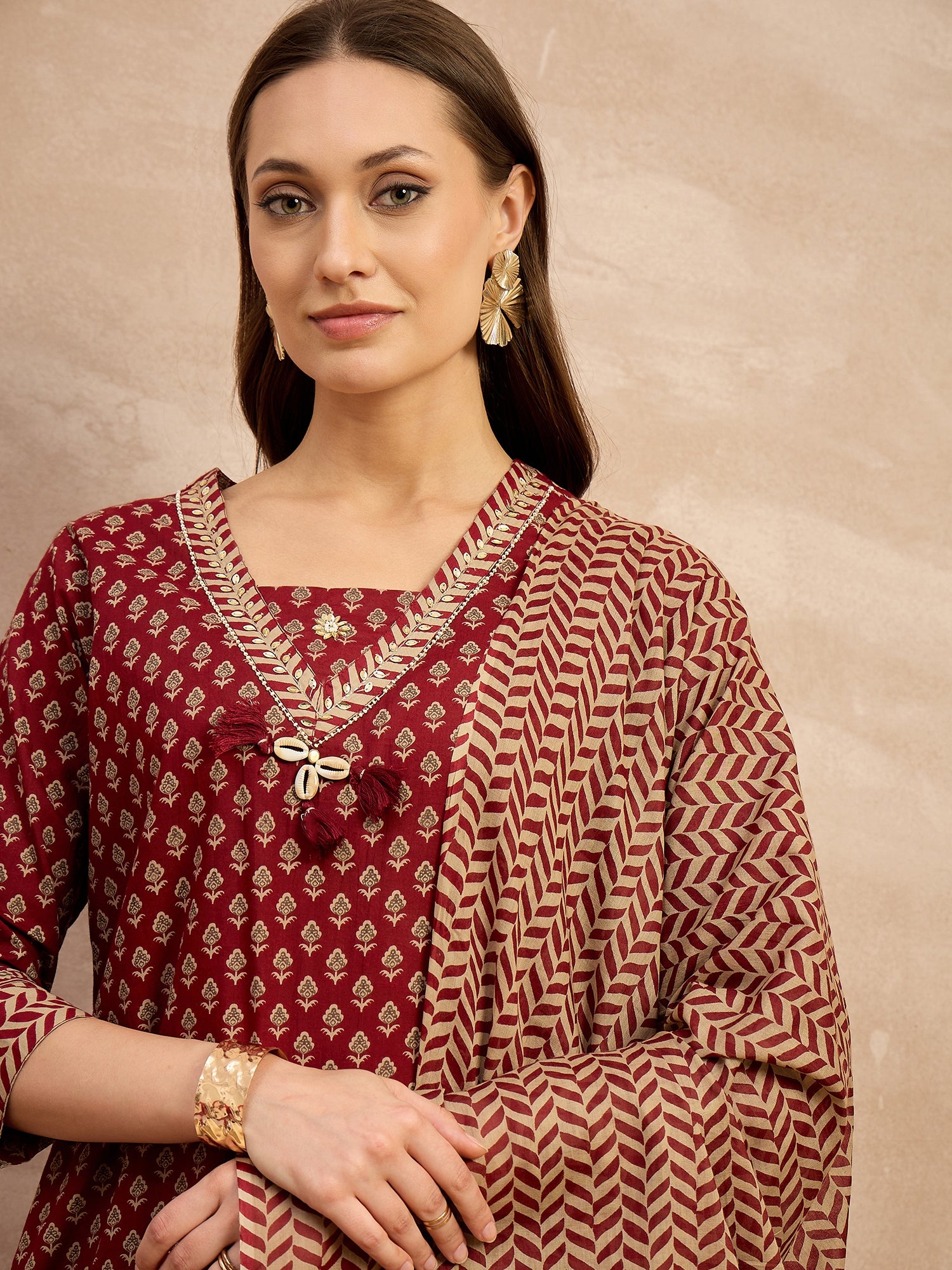 Women Printed Regular Beads and Stones Pure Cotton Kurta with Palazzos & With Dupatta