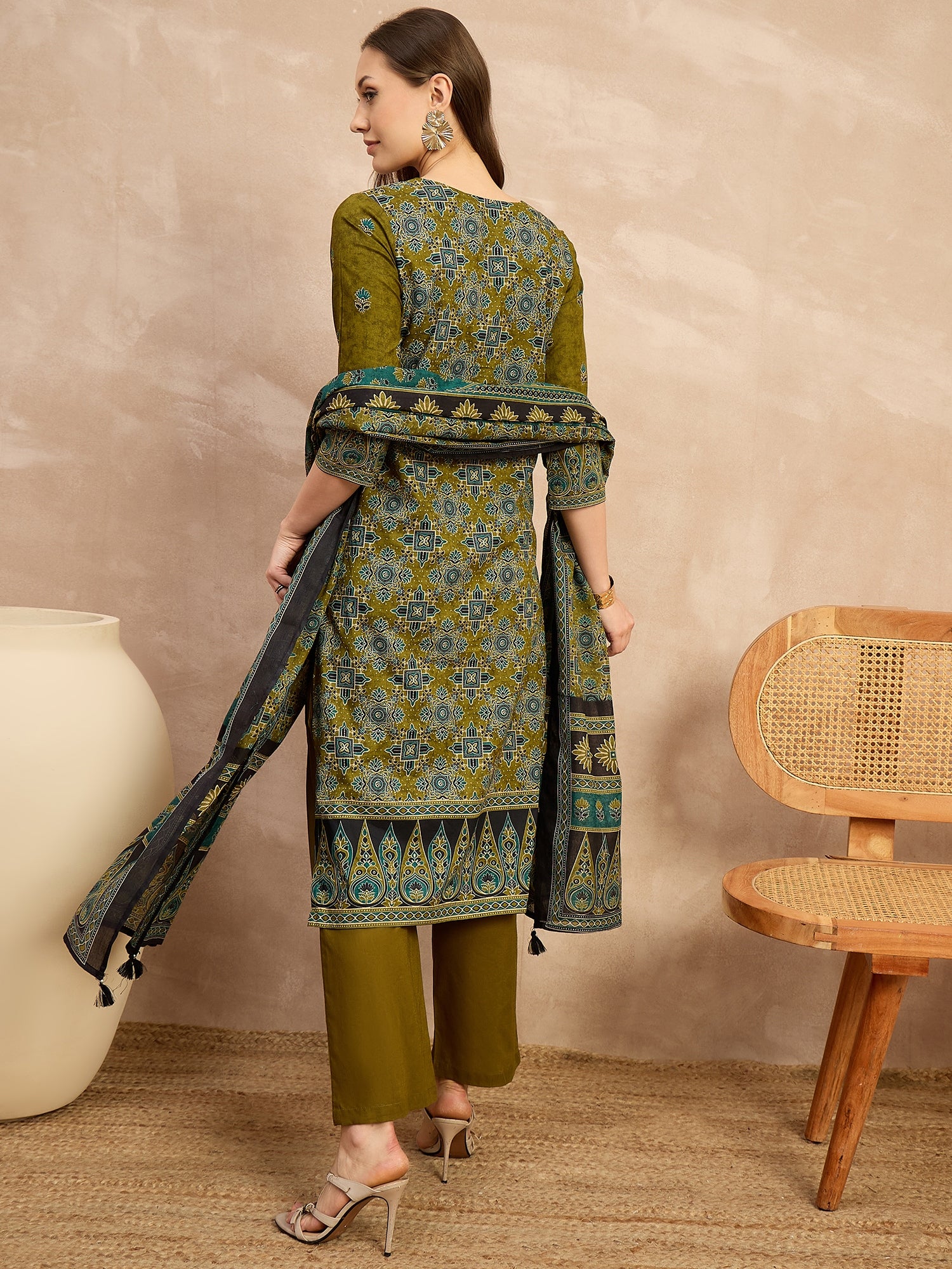 Women Ethnic Motifs Printed Mirror Work Pure Cotton Kurta with Trousers & Dupatta