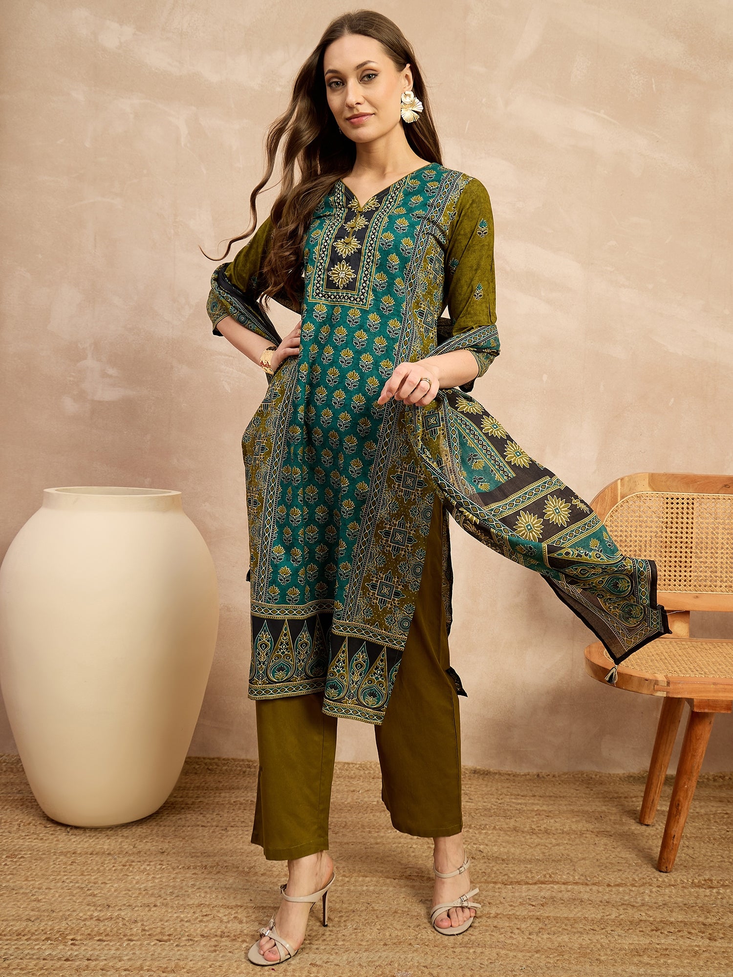 Women Ethnic Motifs Printed Mirror Work Pure Cotton Kurta with Trousers & Dupatta