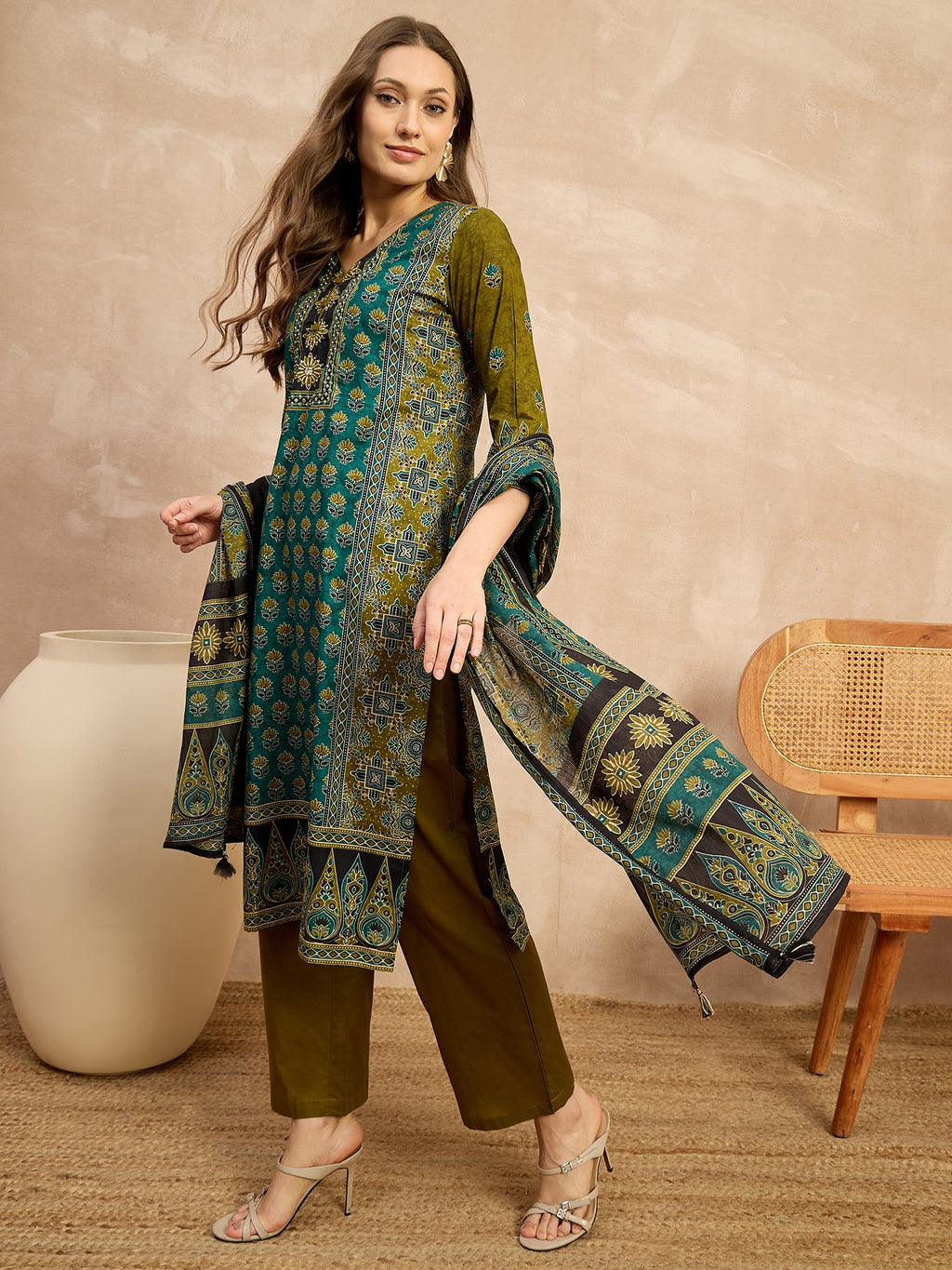 Women Ethnic Motifs Printed Mirror Work Pure Cotton Kurta with Trousers & Dupatta